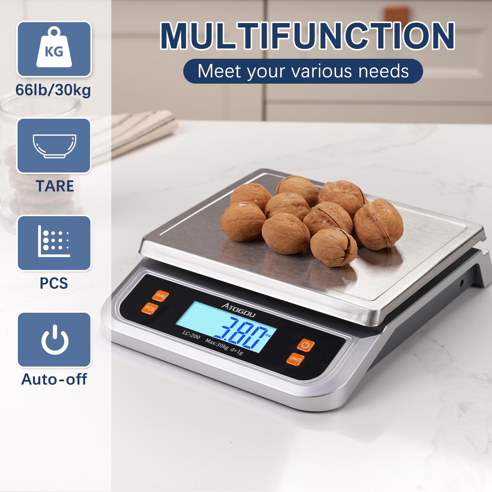 ATOGOU LC200 Balance de cuisine numérique commerciale 40 kg/1 g, avec conversion de 6 unités, acier inoxydable, écran LCD, pile AA ou utilisation enfichable pour la pâtisserie, le pain, la cuisine, la