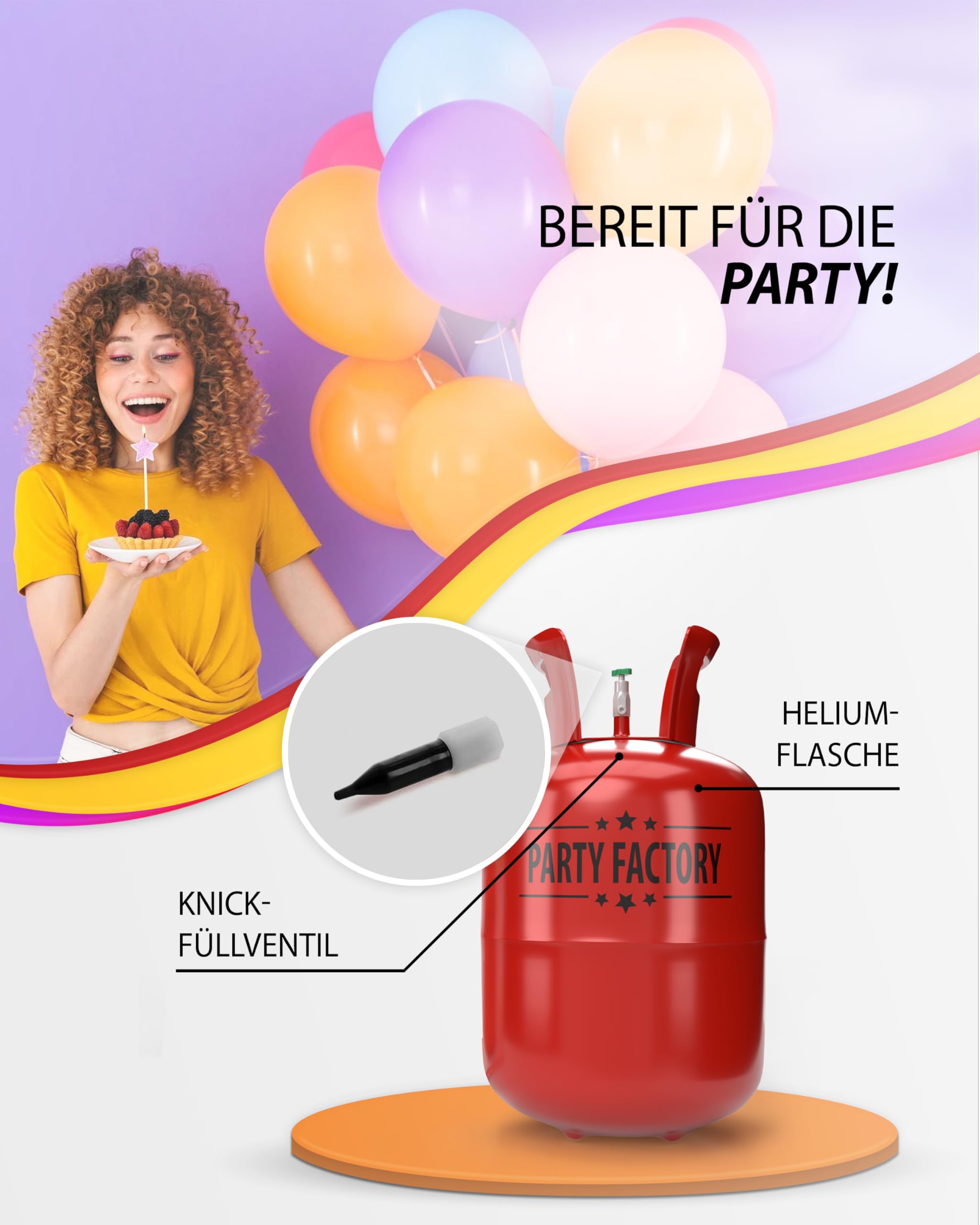 Party Factory – Helium Gasflasche 1x 200L für ca. 30 Luftballons – Partydeko Ballongas Flasche für Latex- & Folienballons – Einwegflaschen mit Knick-Füllventil – Für Partys, Hochzeiten und Geburtstage