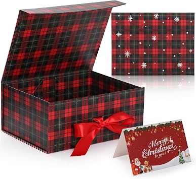 GeeRic Large Christmas Gift Box, 11.4x8.66x4.13 inch Christmas Gift Box for Parties with Lids and Closure, Xmas Card for New Years Red Checkered