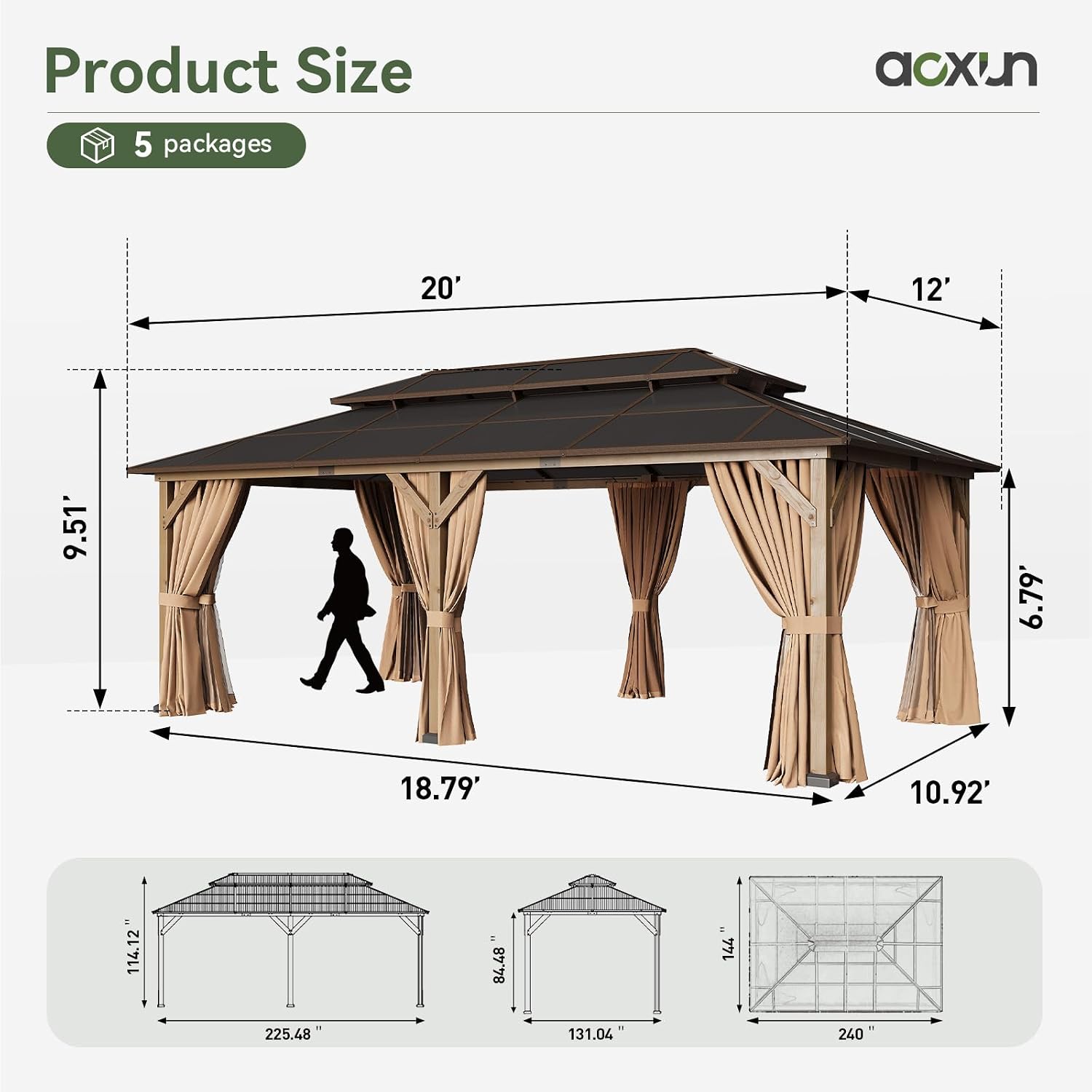 Images showing anti-mosquito netting, extra Velcro straps, and sun shade privacy protection features of the gazebo