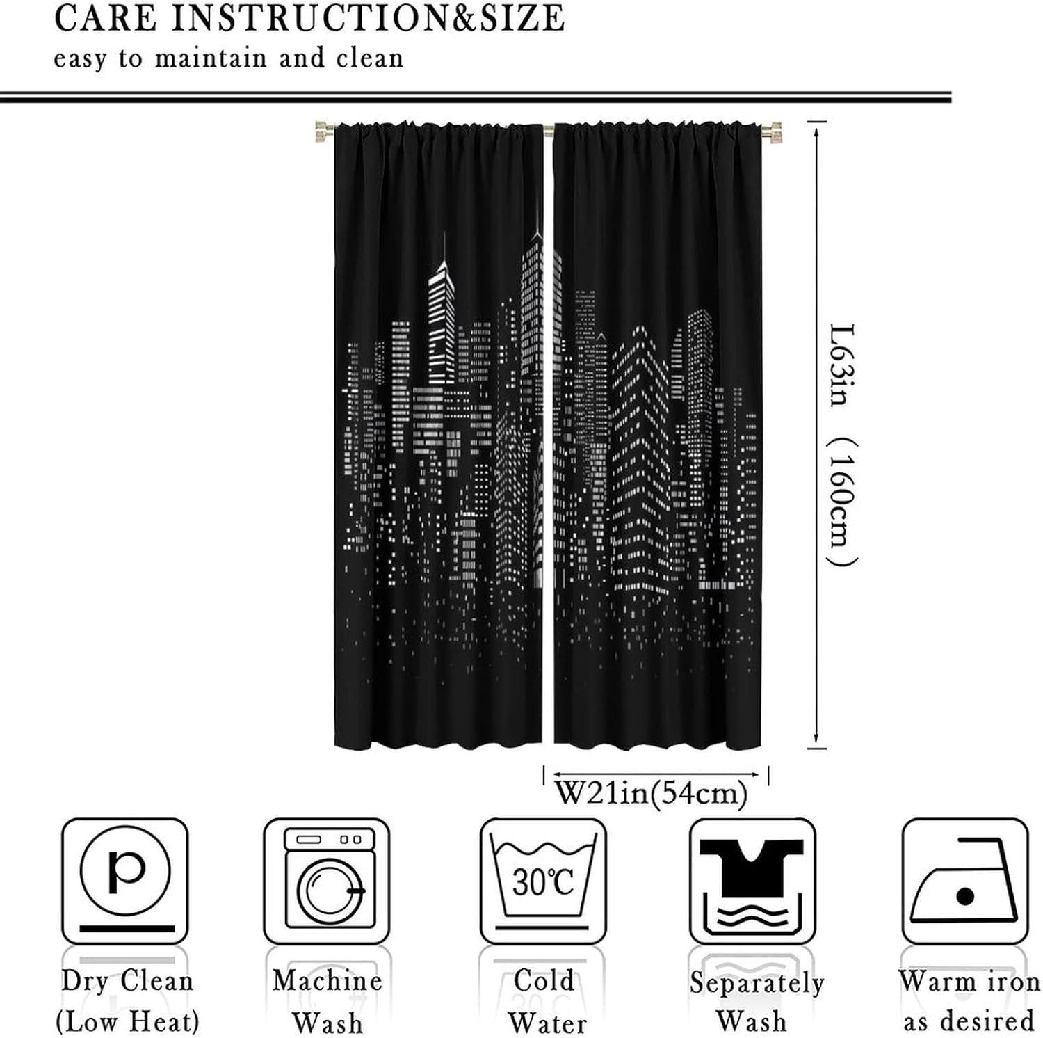 New York Curtains Black White Modern Night City Window Drapes for Bedroom Living Room Cafe 2 Panels W42 x L63 Inch