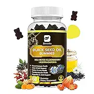 Black Seed Oil Gummies with Ashwagandha & Irish Sea Moss & Elderberry – Immune Support Supplement with Vitamin C, D3, Zinc, Nigella Sativa Black Cumin Gummy for Hair Growth & Joint Health - 60 Vegan