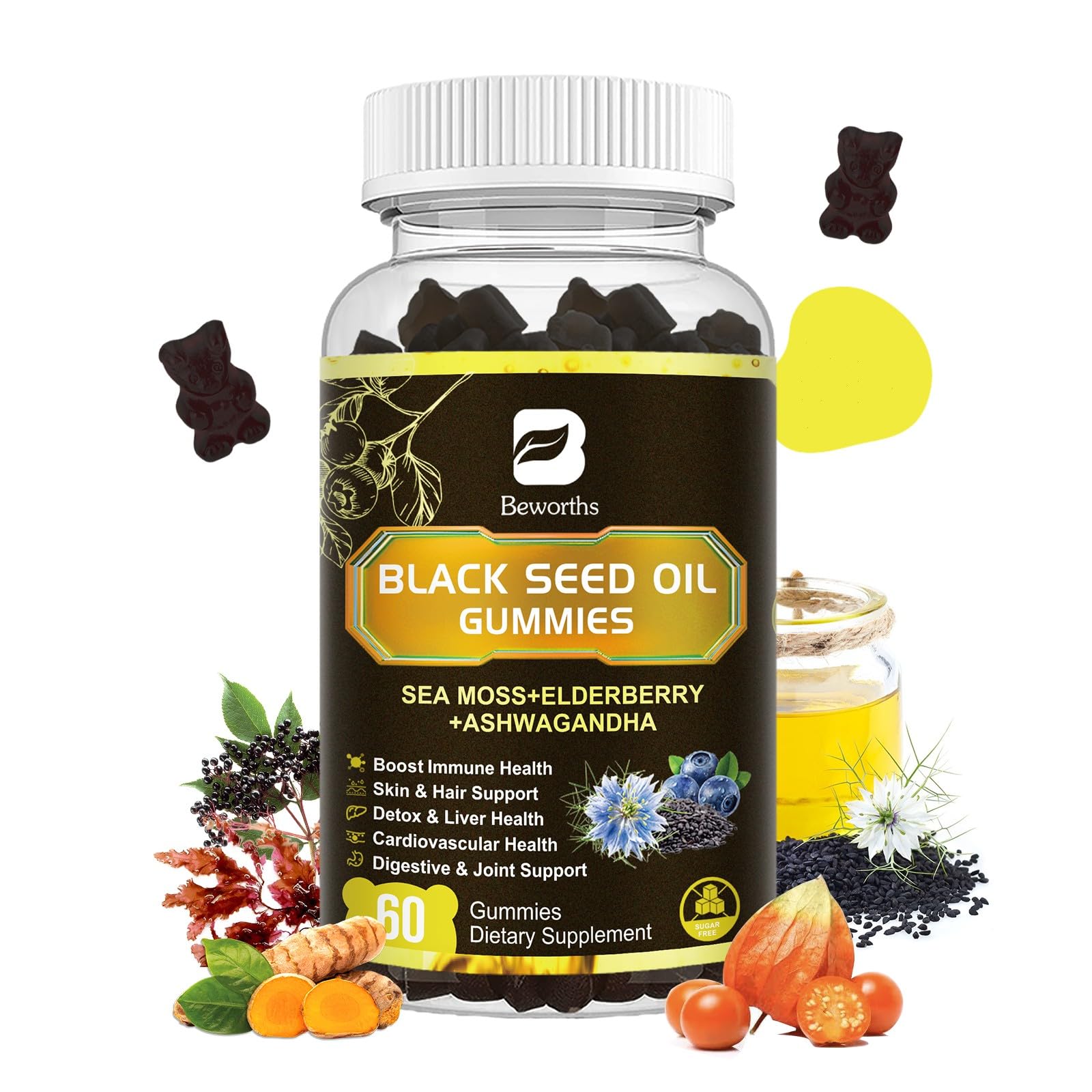 Black Seed Oil & Sea Moss Gummies, Organic Irish Sea Moss Gummies with Ashwagandha, Black Seed Oil, Elderberry, Turmeric, Vitamin D3/C and Zinc - Support Joints, Digestion, Hair & Skin