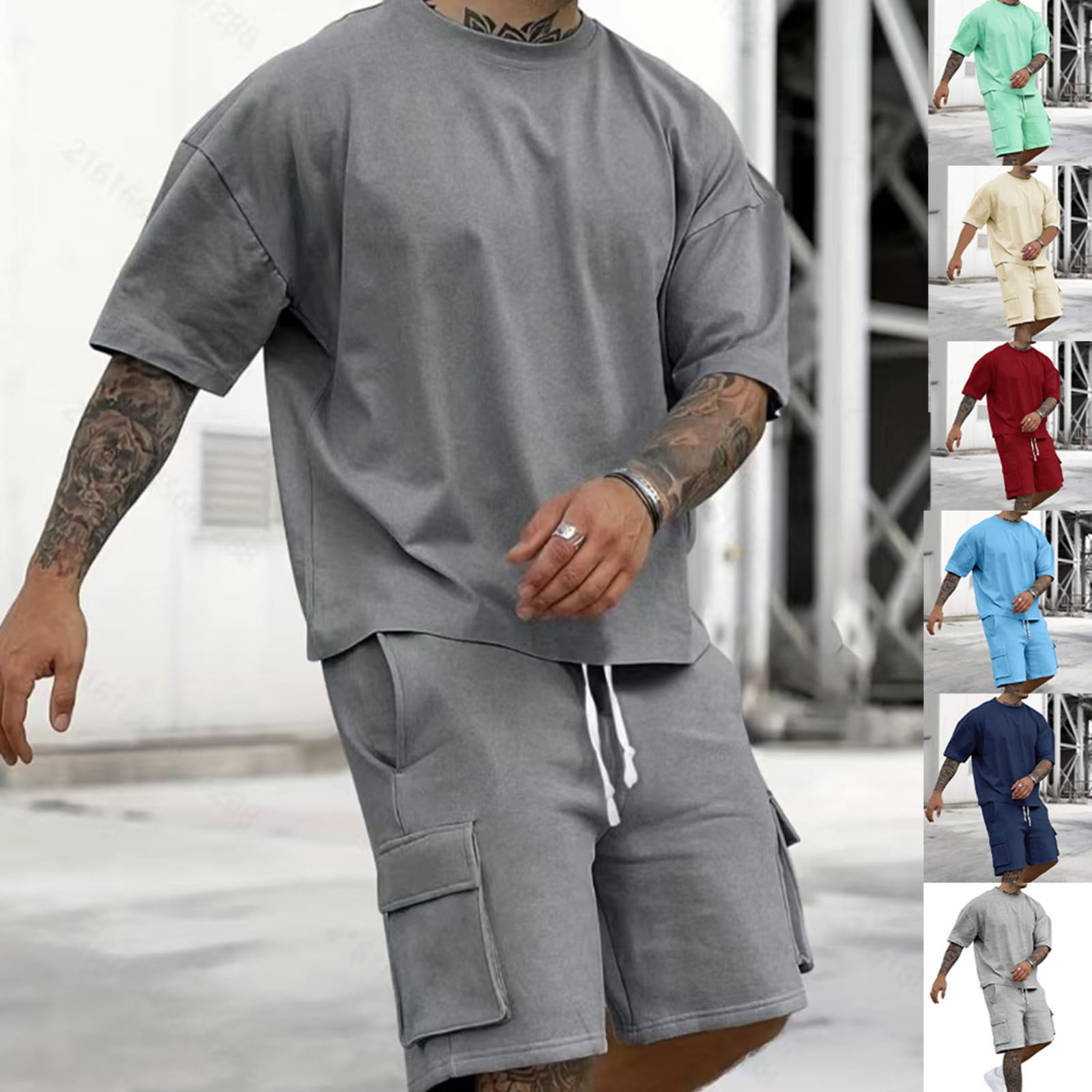 Conjunto de ropa de verano para hombre, camiseta de gran tamaño y pantalones cortos tipo cargo, traje deportivo casual de 2 piezas — view 4