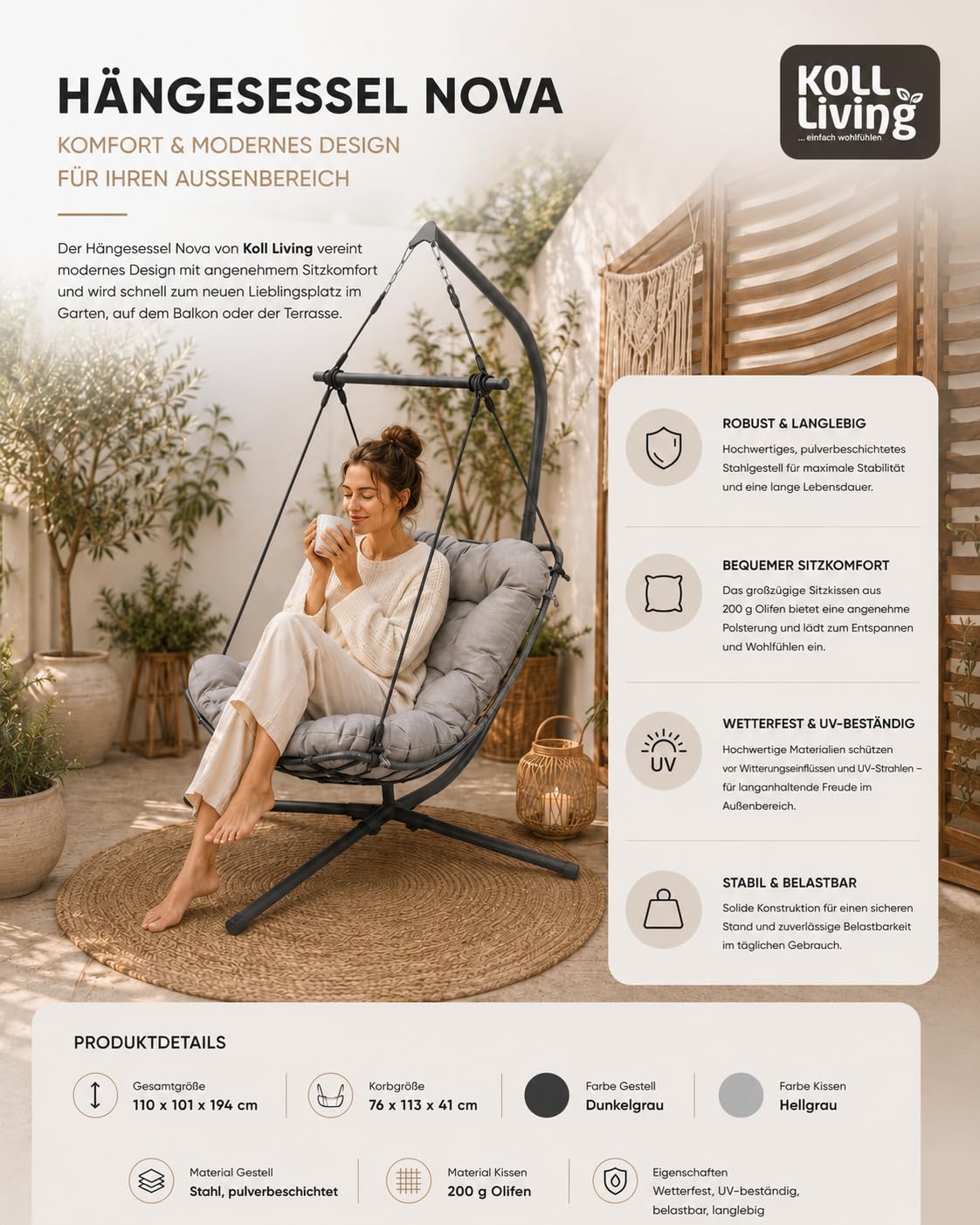 Koll Living Outdoor Hängesessel Nova | Dunkelgrau/Hellgrau | B110 x T101 x H194 cm | Stahlgestell pulverbeschichtet | UV-beständig & belastbar | Relaxsessel für Garten, Balkon & Terrasse