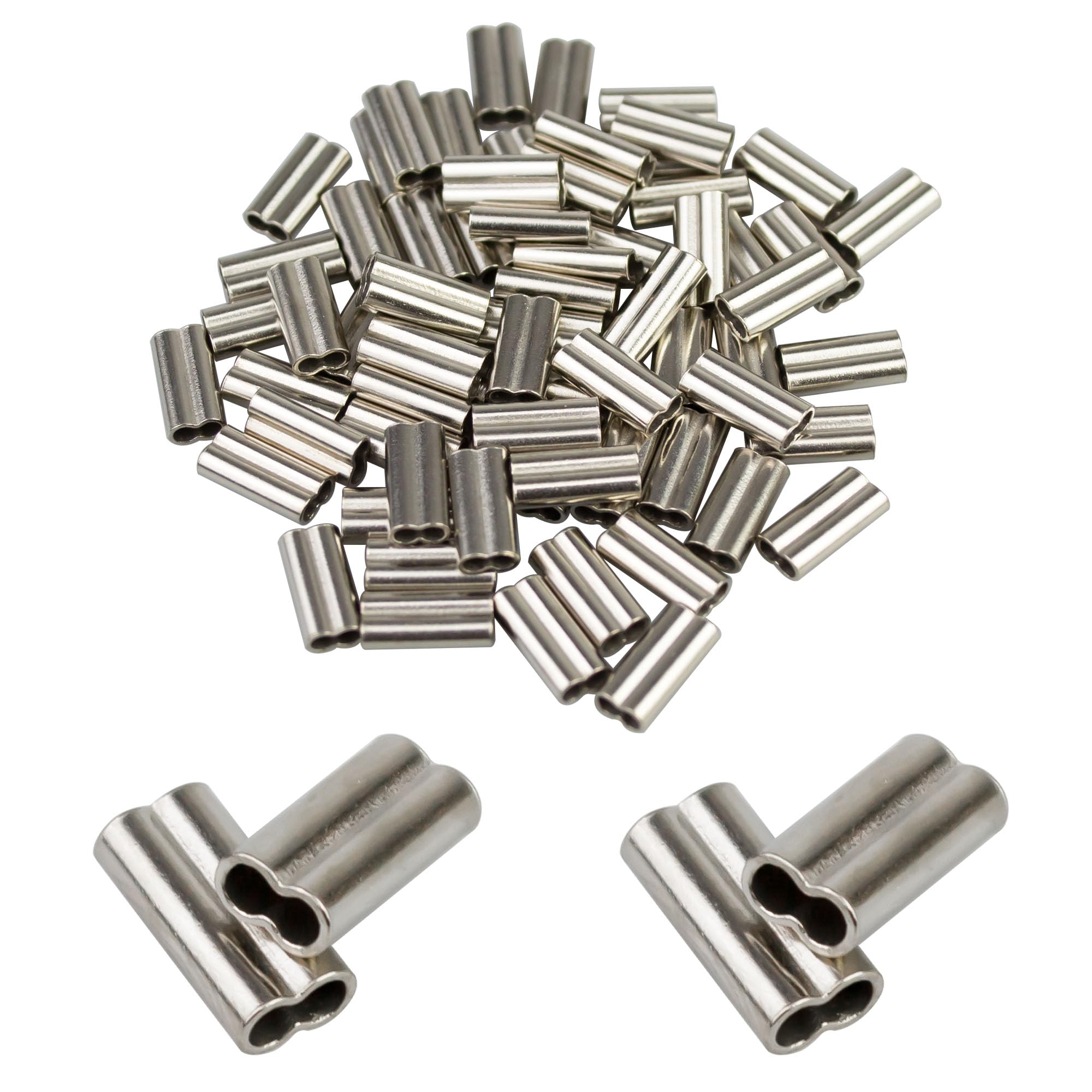 Vinfutin Fishing Swivels Barrel Crimp Sleeves Copper Aluminum Monofilament Fishing Line Connectors Sinlge Double Crimping Loop Sleeves Tube Fishing Wire Leader (Inside Dia:1.0 * 2.1mm-100pcs)