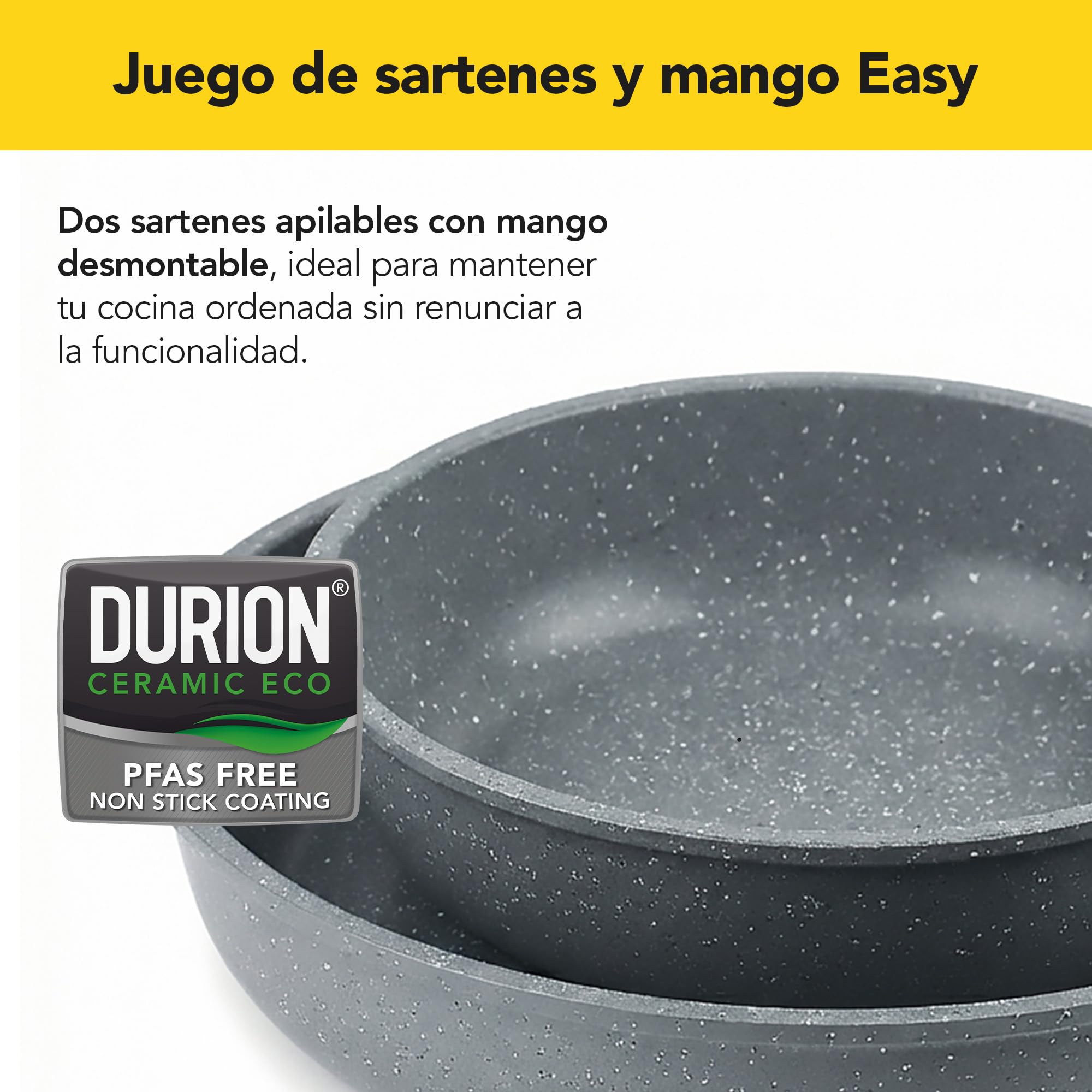CASTEY - Easy Pan Duo, Set de Sartenes con Mango Desmontable, Aluminio, Doble Recubrimiento Antiadherente, Apto para Horno y Todas las Cocinas, Fácil Limpieza, Gris