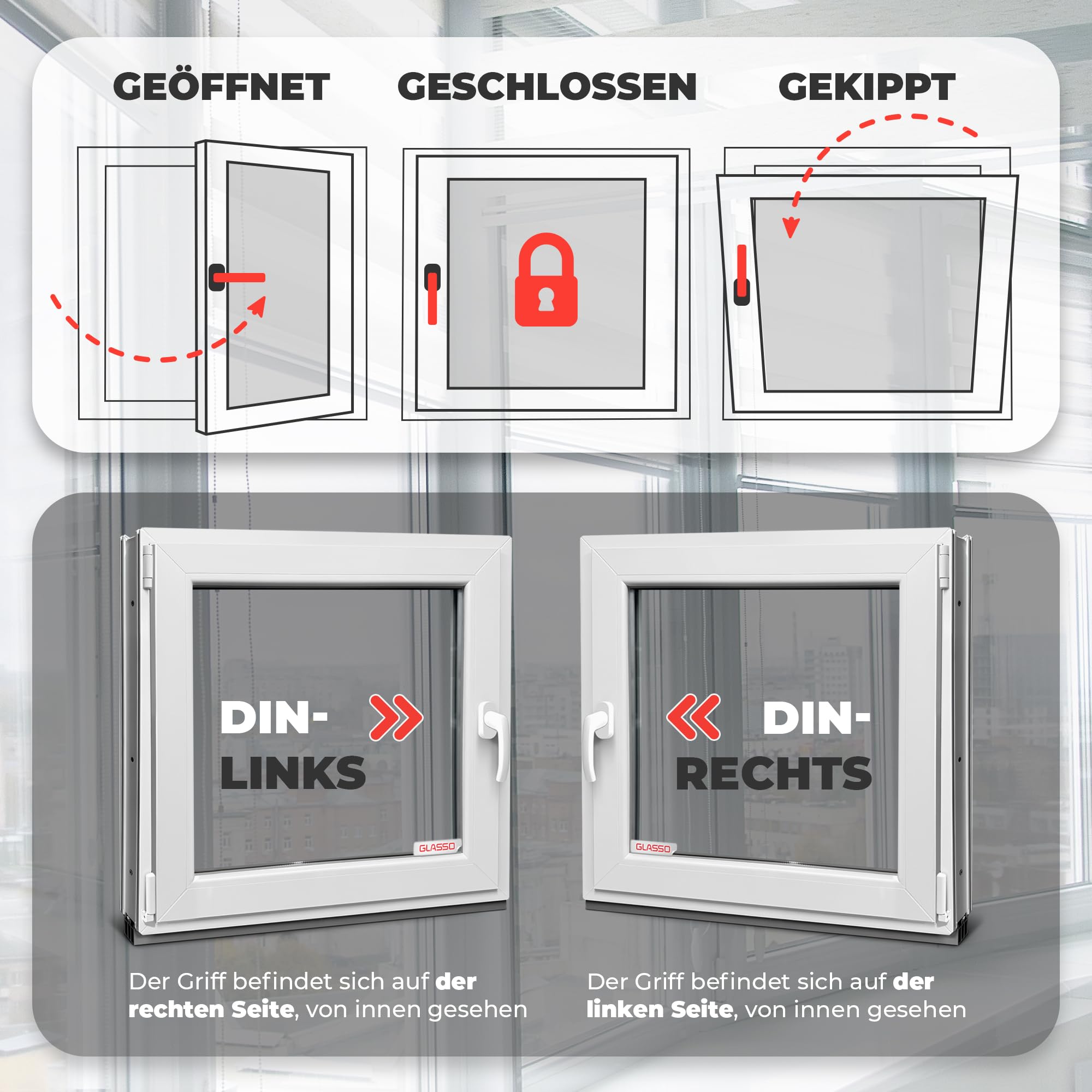 Kellerfenster 50x50 cm 2 fach Verglasung - Alle Größen Kunststofffenster 60mm Profil -Din Links- BxH: 500x500mm Perfekt für Fenster Gartenhaus, Garagenfenster, Hauskeller mit Dreh-Kipp System