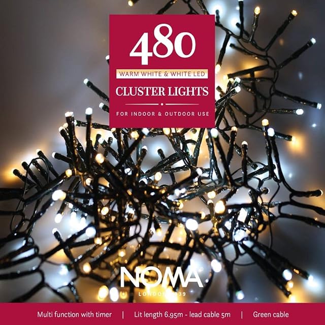 Noma 480 LED Cluster Christmas Tree Lights : Green Cable : Multifunction : Plug-in with Timer : Bright White/Warm White Mix : 4921711