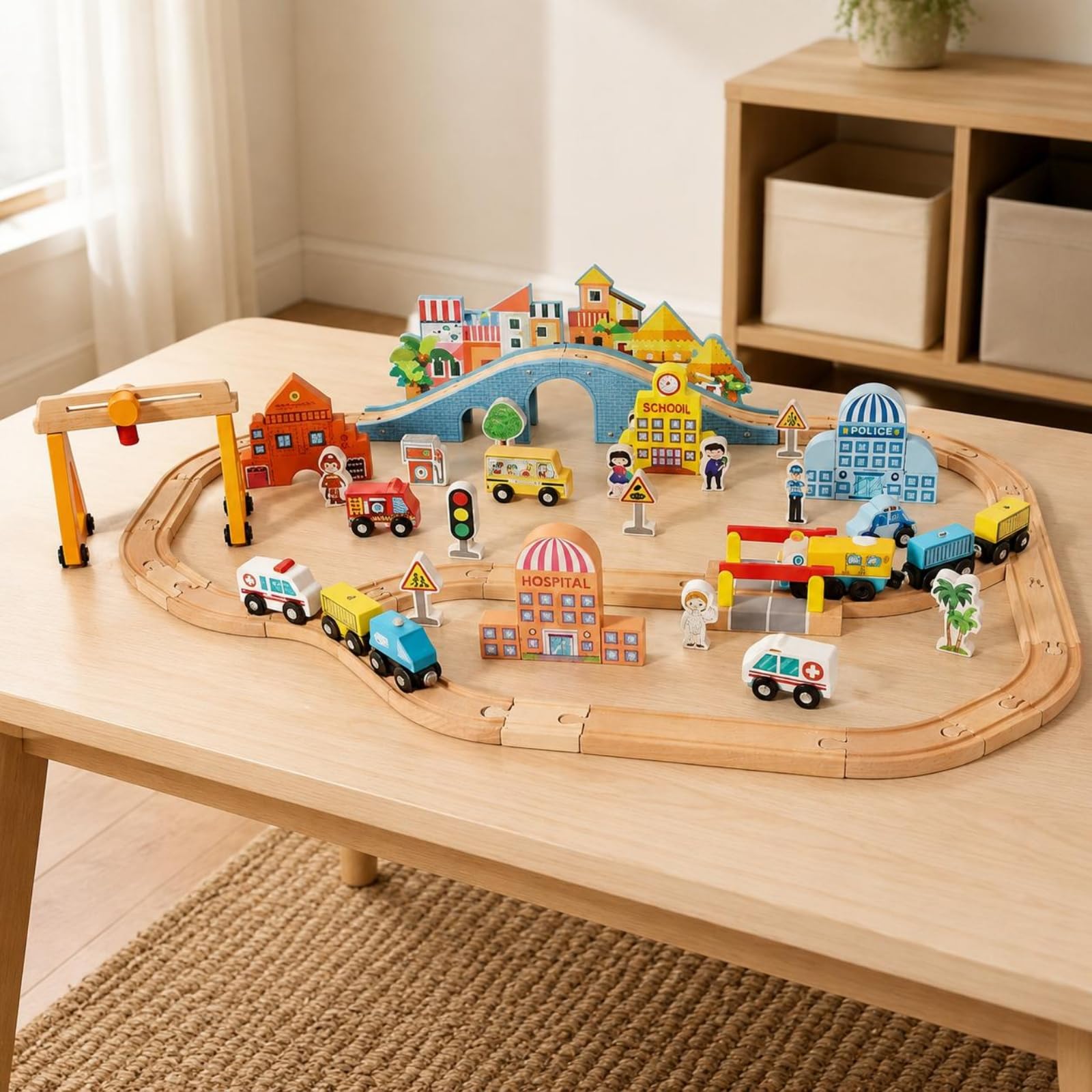 Kinder Holz Spielzeugzug Set Holzeisenbahn Zugstrecke Schienenset Zubehör Elektrisch Kreativset Kombinierbar Rollenspiel Welt Fördert Feinmotorik für