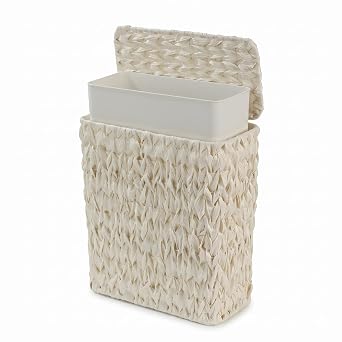 Coeusy Wicker Trash Can with Lid and Liner,Boho Decotative Small Bathroom Trash Cans,Waterproof Slim Waste Basket for Bedroom,Home Office,3 Gallon Cream White