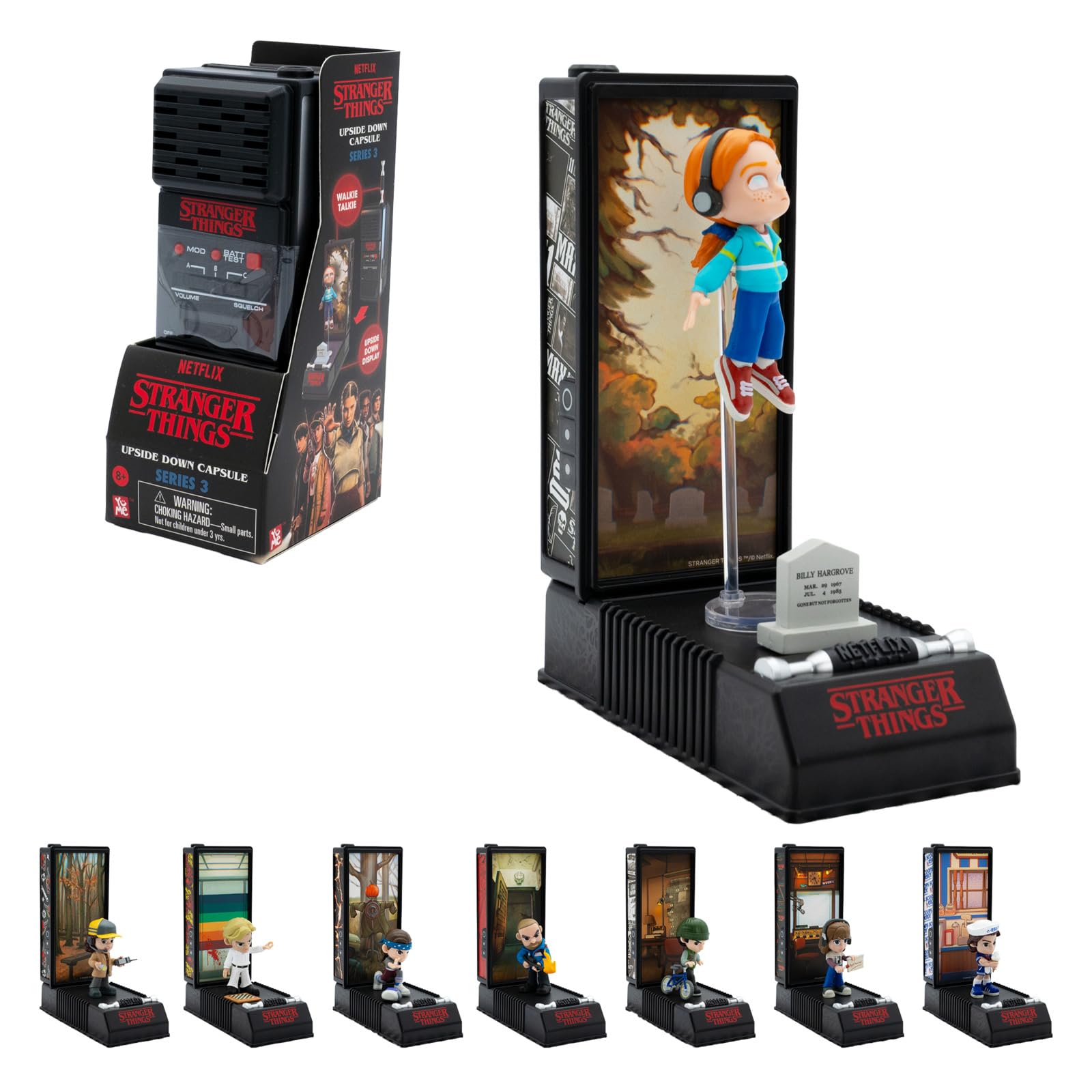YuMe - Stranger Things Blind Box, 1 von 8 Mini Figuren mit Walkie-Talkie, Sammelfigur mit Display-Stand, Netflix Merch für Fans der Serie