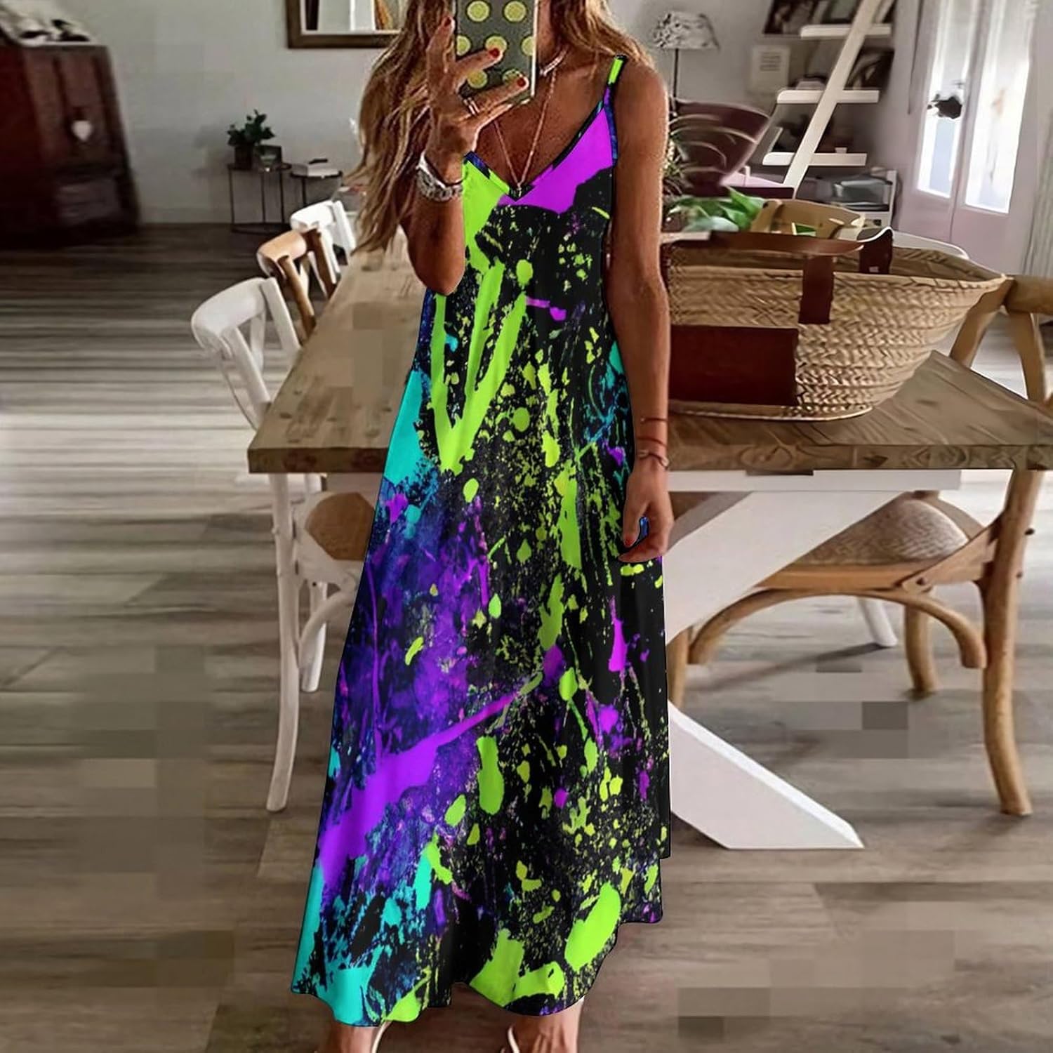 Glow in Dark Splatter Neon Women's Summer Maxi Dress Long Sleeveless Strap Beach Dresses