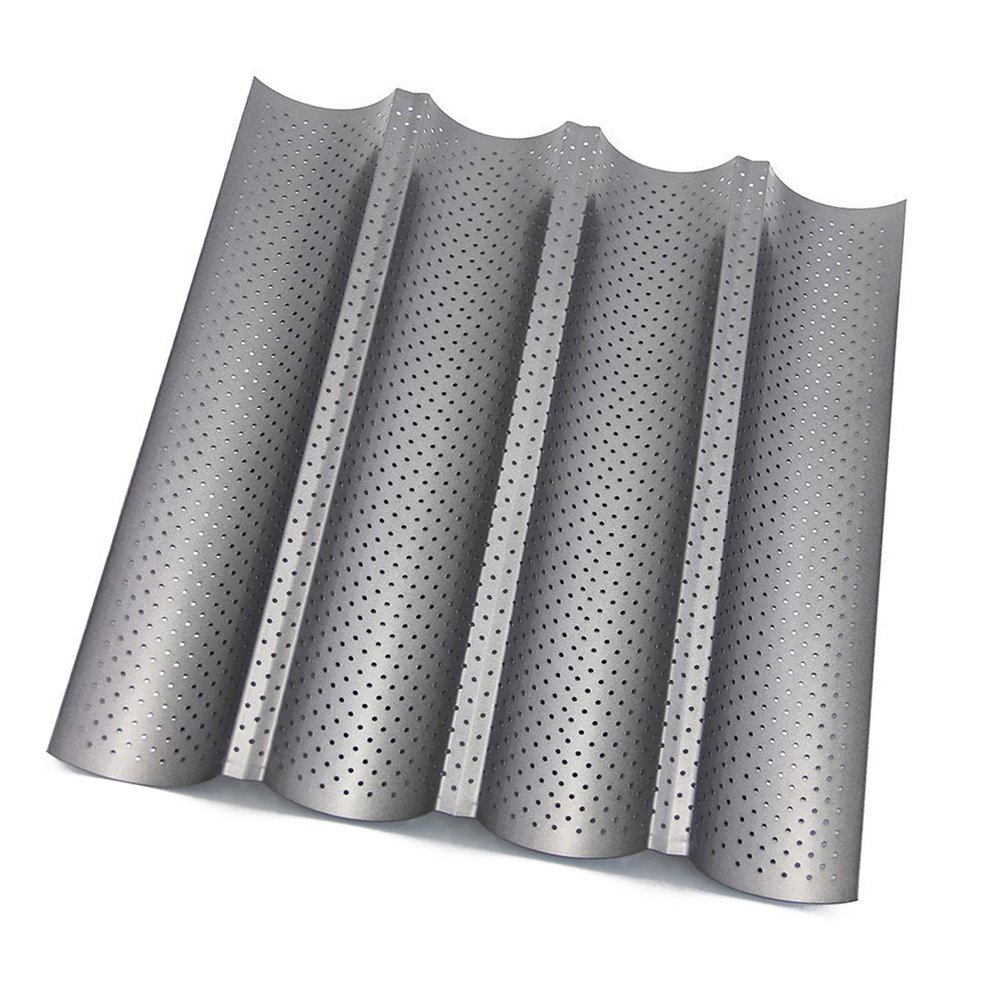 Htinac 4 Waves Baguette Baking Tray Perforated Tray Baking Molds Pan for French Stick Loaf Non Stick Baking Tray (37.8 x 32.7cmx2.5cm)