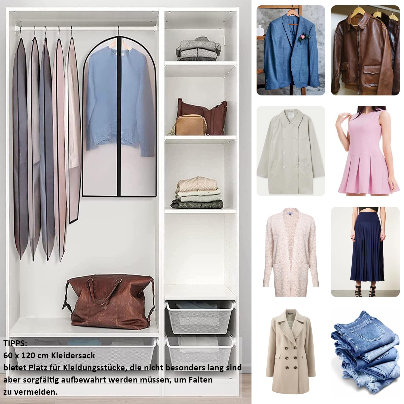 LEMCC Lot De 4 Sacs à Vêtements à Suspendre Sous Vide Avec Fermeture éclair Latérale Et