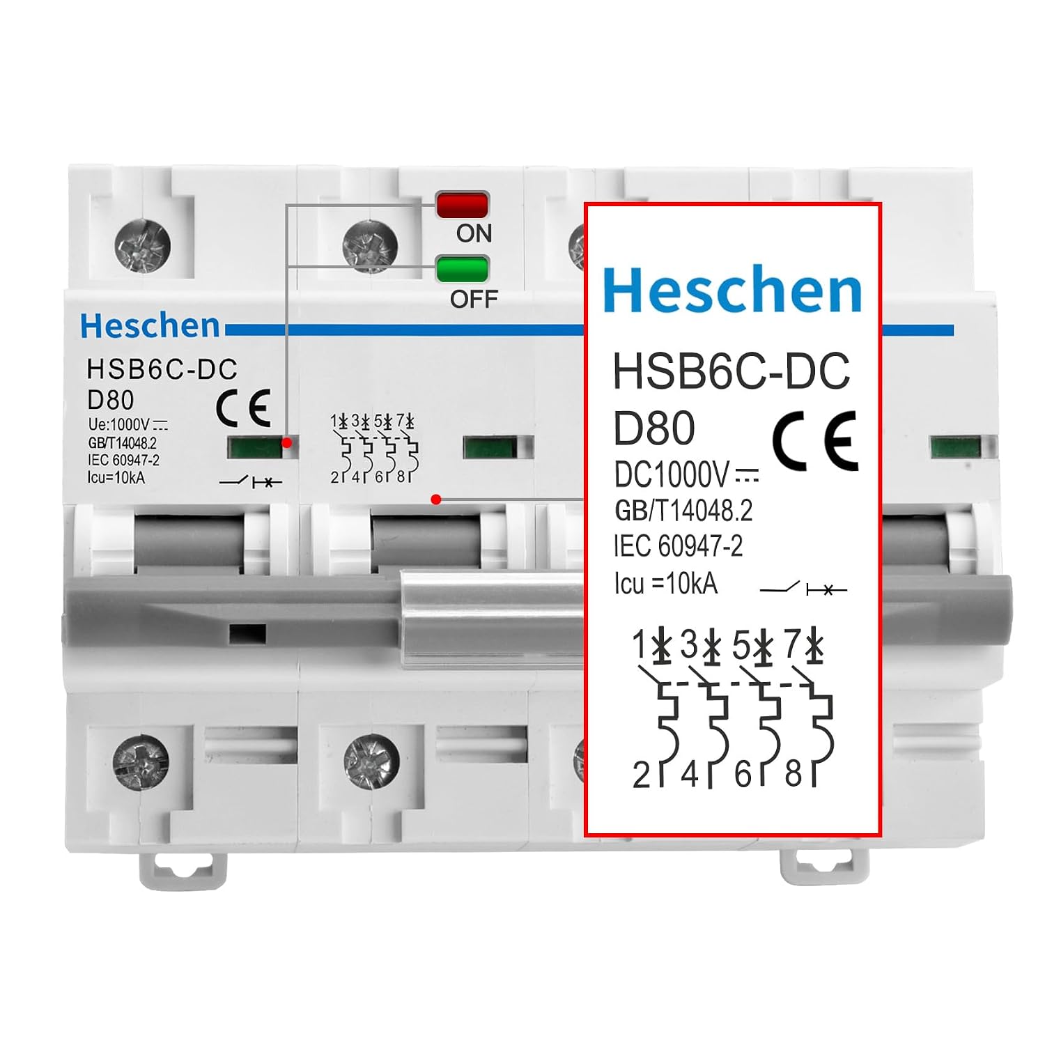 Heschen DC Miniature Circuit Breaker, HSB6C-DC, 4 Poles, DC1000V 80A, Photovoltaic Circuit Breaker, for Solar PV System Solar Panels Grid System, 35mm DIN Rail Mounting