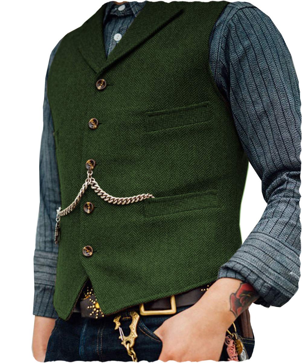 Ceehuteey Mens Suit Vest Waistcoat Tweed Retro V Neck Wool Herringbone for Prom, Green, XL