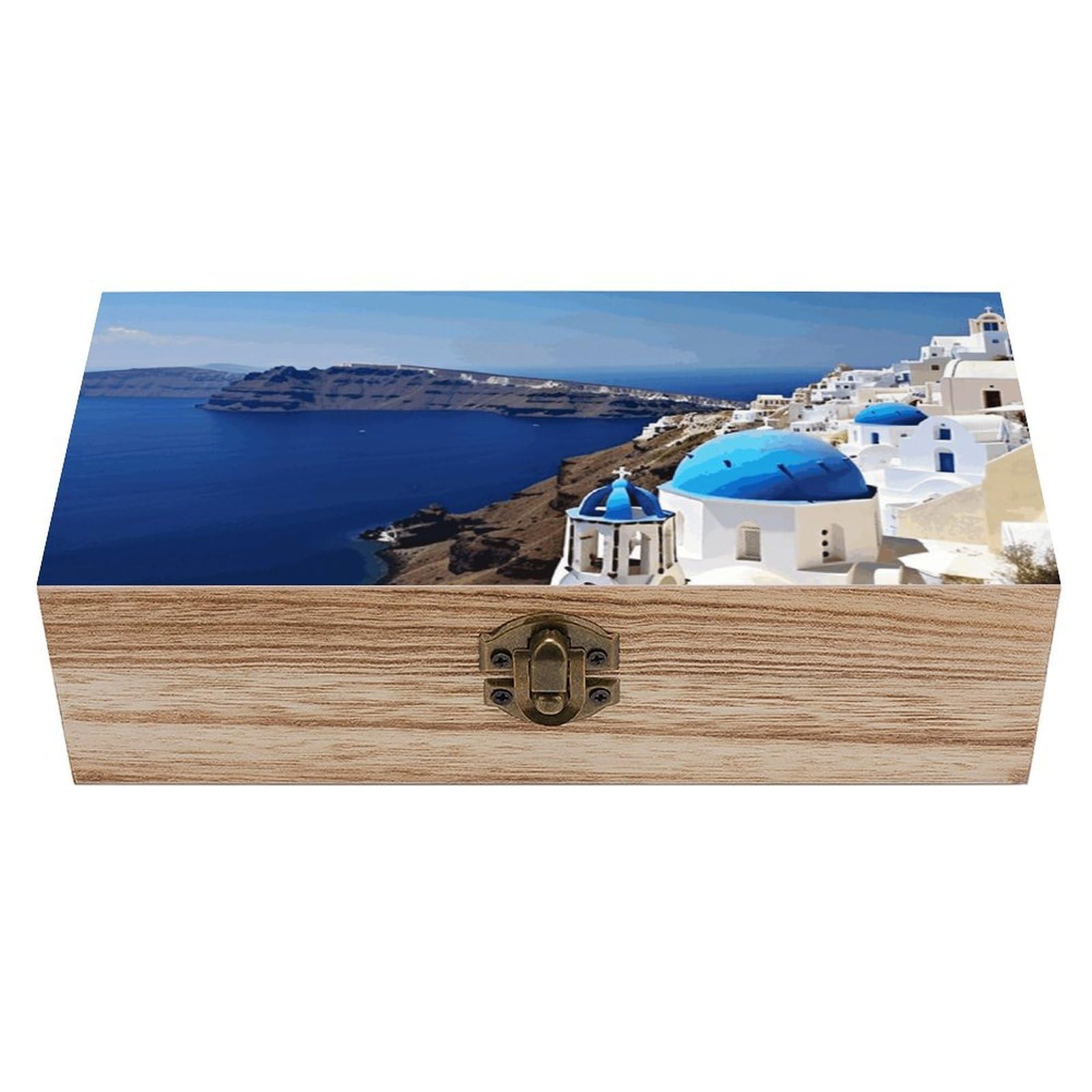 DWVTSLH Santorini Greek Island Sea View Wooden Storage Box Locked Wood Gift Box Decorative Keepsake Boxes Storage Bins, Memory Boxes for Pictures, Jewelry Organizer Unique Gift Ideas for Men Women