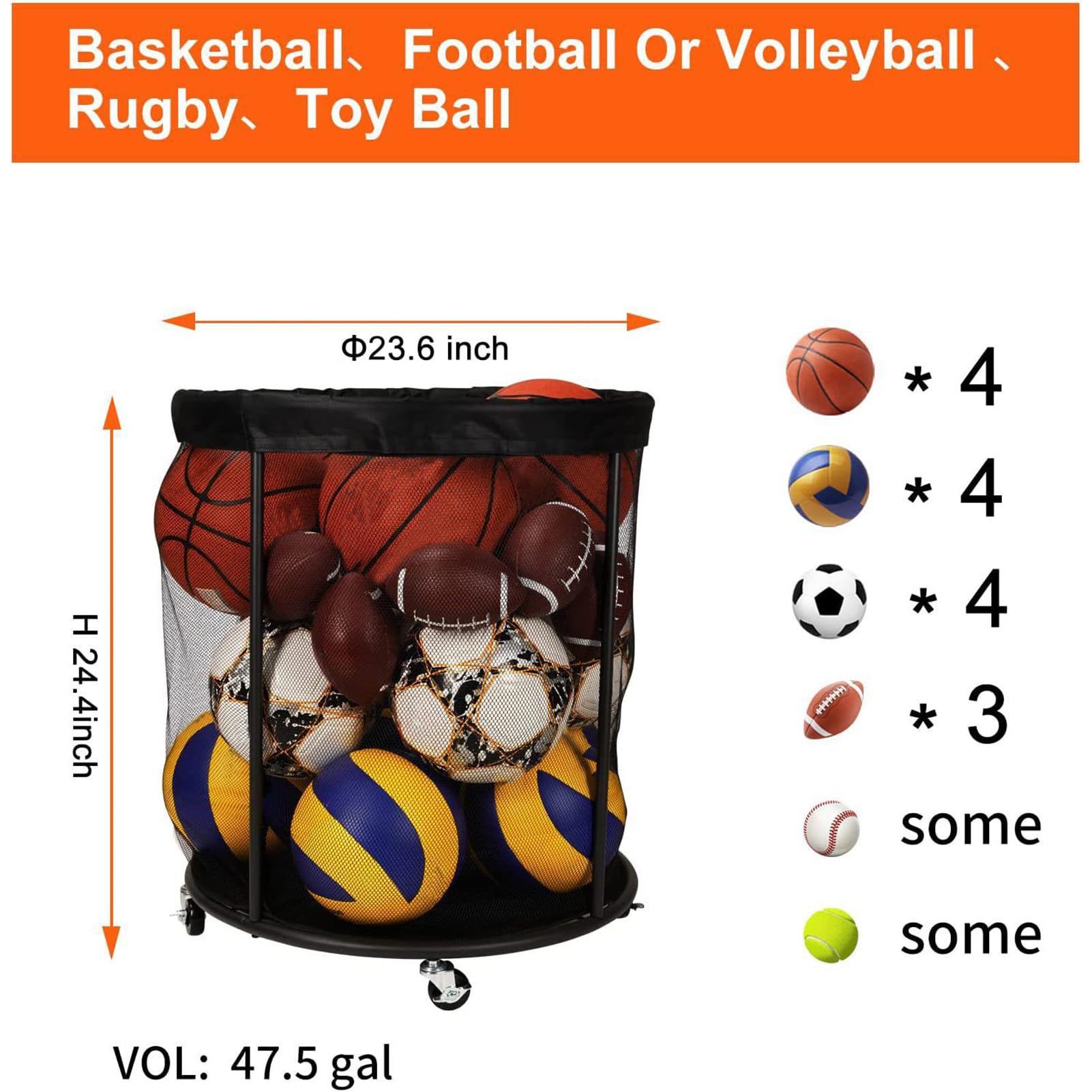 Generico Archivio Palloni Da Garage,Portapalloni Sportivi - Contenitore Portatile Organizzato Cesto Rete Per Esterno Giardino Garage Sport Piscina