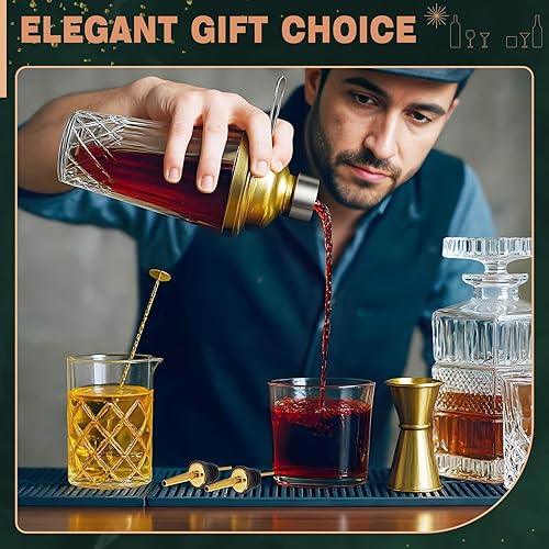 Miniatura 6 de Mifoci Juego de 7 cocteleras de cristal dorado con coctelera de 14 onzas, vaso de mezcla de cóctel de 24 onzas, cuchara mezcladora, cuchara