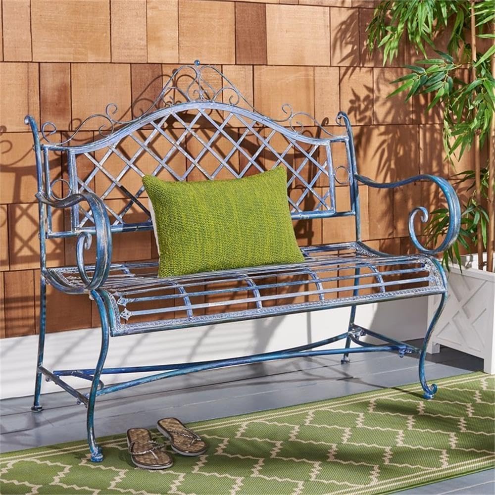 Pemberly Row 45.75" Wrought Iron Outdoor Garden Bench, Antique Blue Finish, Powder-Coated Weather Resistant, Ornamental Parisian-Inspired Design, Spacious Seating for Patios, Gardens, Porches