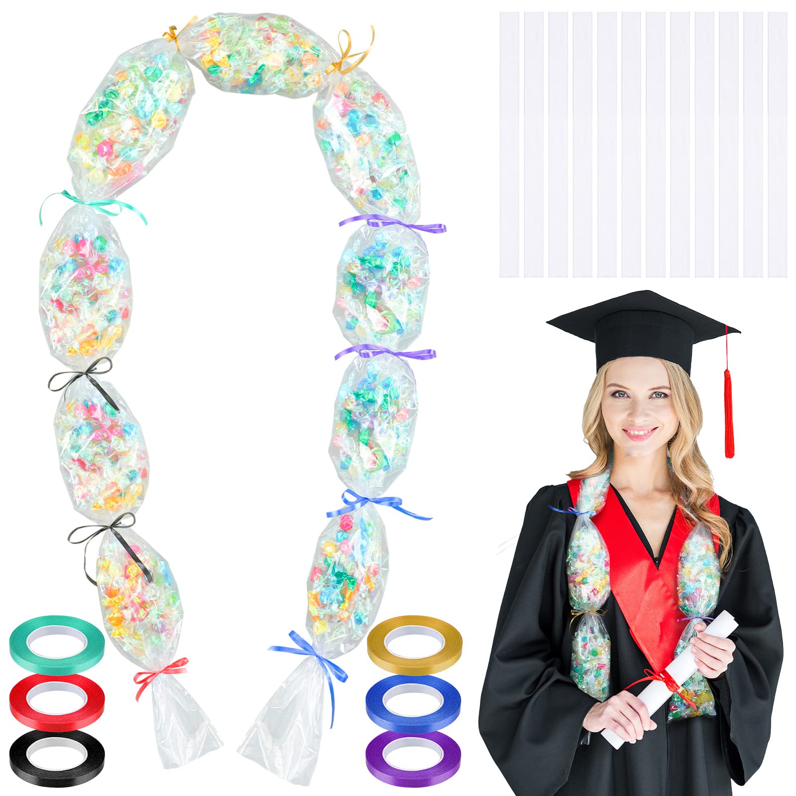 Graduation Candy Lei Making Kit Include Graduation Lei Bags 59x4.8" Poly Tubing Gift Ribbon Present Ribbon for Graduation Party Favor Gift Wrapping DIY Hawaii Tropical Summer Wedding (18 Pcs)