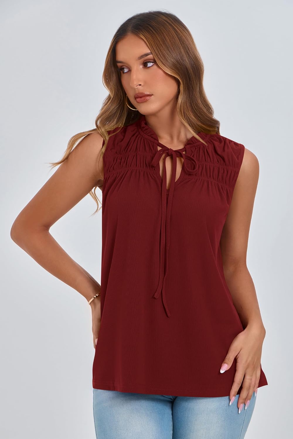 PRETTYGARDEN Womens Summer Tops Sleeveless V Neck Shirts Ruffle Loose Tank Top Smocked Work Flowy Dressy Casual Blouses - Image 2