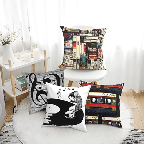 Miniatura 2 de Juego de 4 fundas de almohada vintage con cinta de casete de música con sonido, cinta magnética, discos de vinilo, símbolo, fundas de almohada