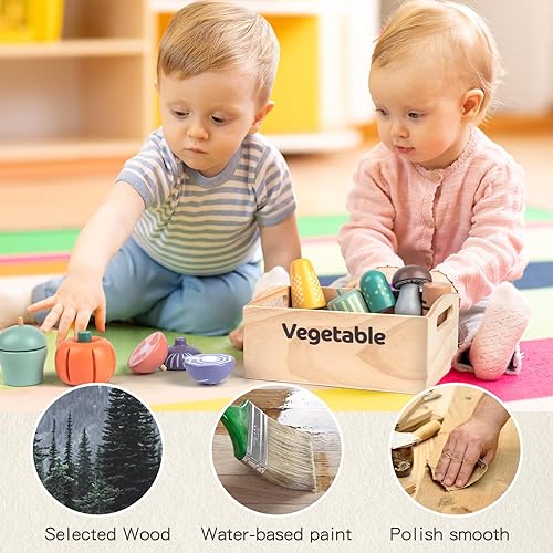 Miniatura 5 de Juego de 10 alimentos de madera vegetal para cocina de niños, juguetes de madera para cortar alimentos, accesorios de cocina con caja de