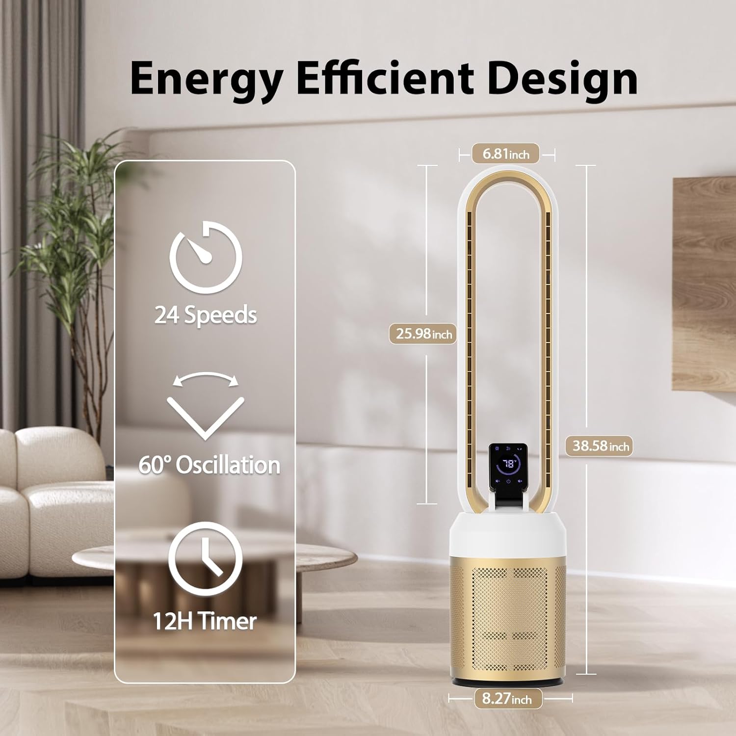 38" Bladeless Fan for Bedroom, Quiet Tower Fan with Remote & Large LED Touchscreen, 24 Speeds, 60° Oscillation, 12H Timer, Portable Standing Fan for Home Office (White Gold, 38")