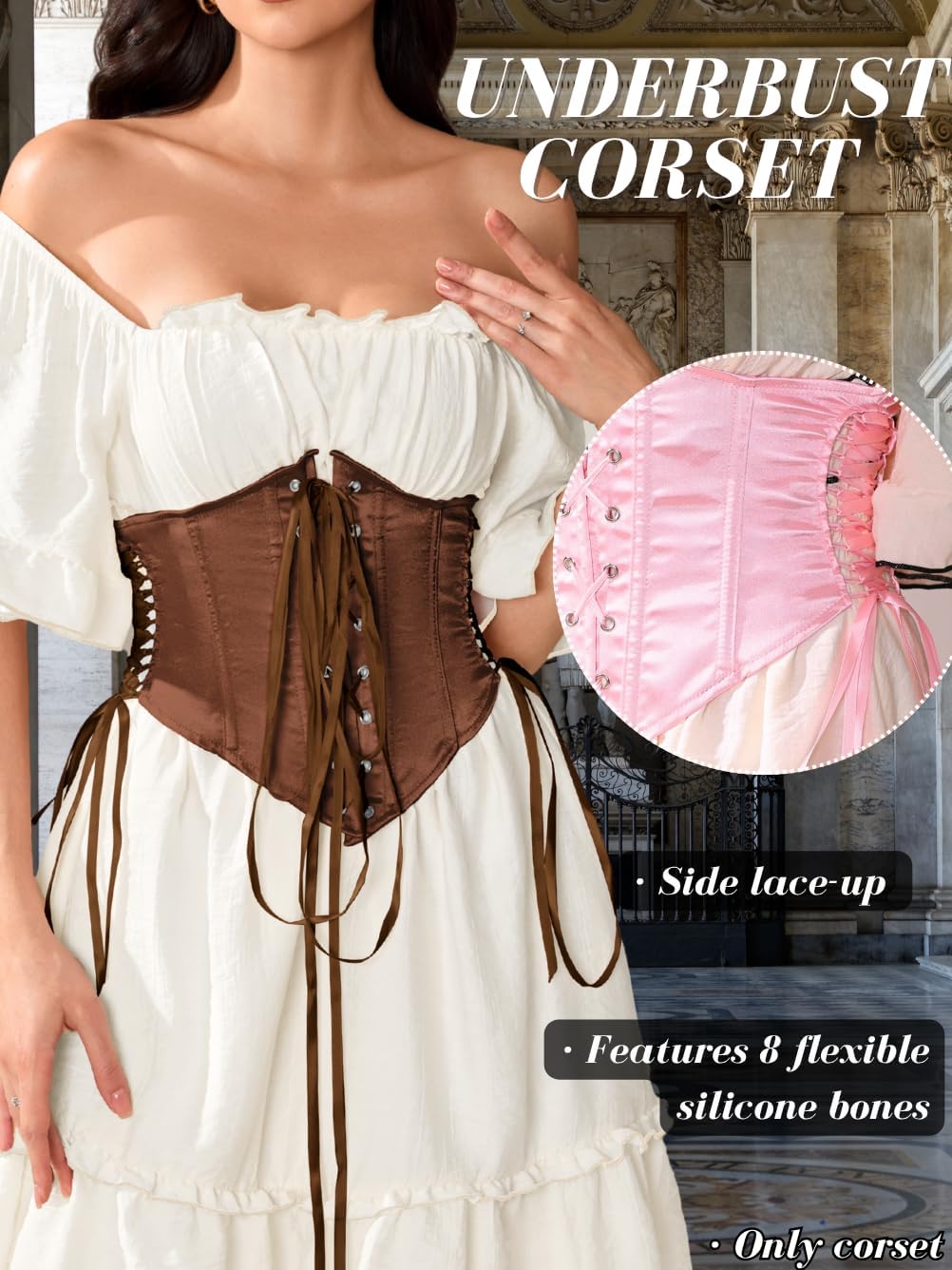 ChiaoLezhee Women's Renaissance Underbust Boned Corset, Lace-Up Front Satin Half Waspie, Wide Waist Belt Cincher Sizes 2-18