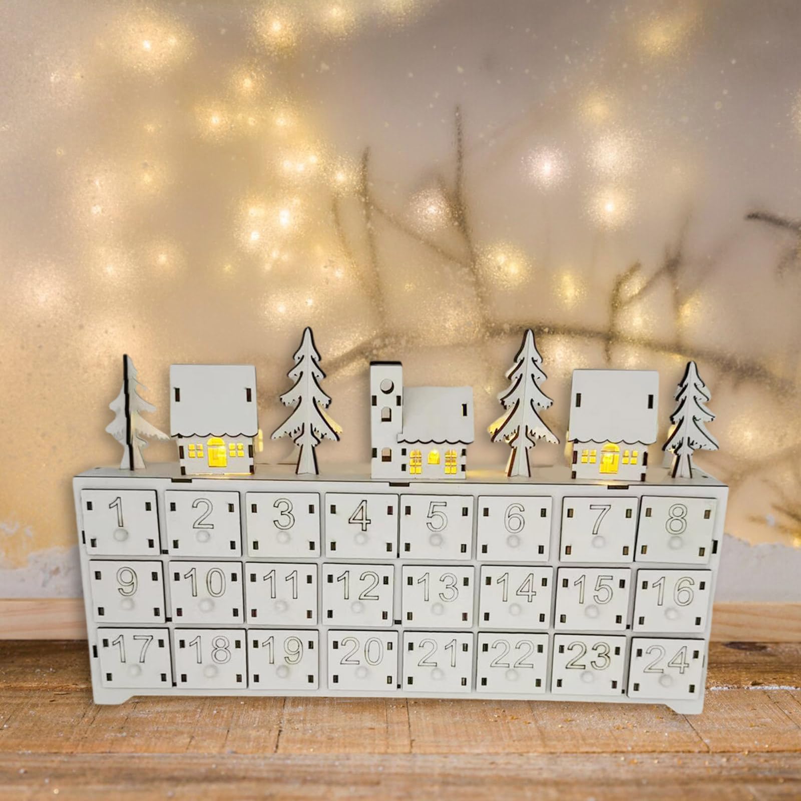 Holz LED Beleuchteter Adventskalender mit 24 Schubladen Countdown Kalender Desktop Dekoration Einzigartige Weihnachtsfeiertage