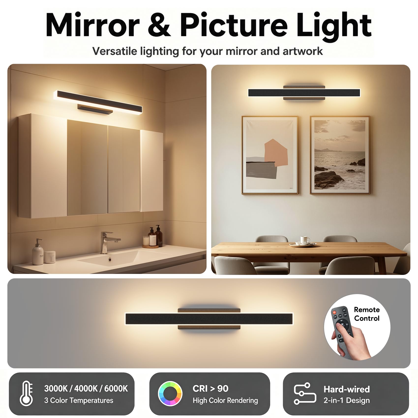 Klighten Led Miroir Lampe Salle de Bain 40cm,12W 970 LM Lampes de salle de bains,Noir