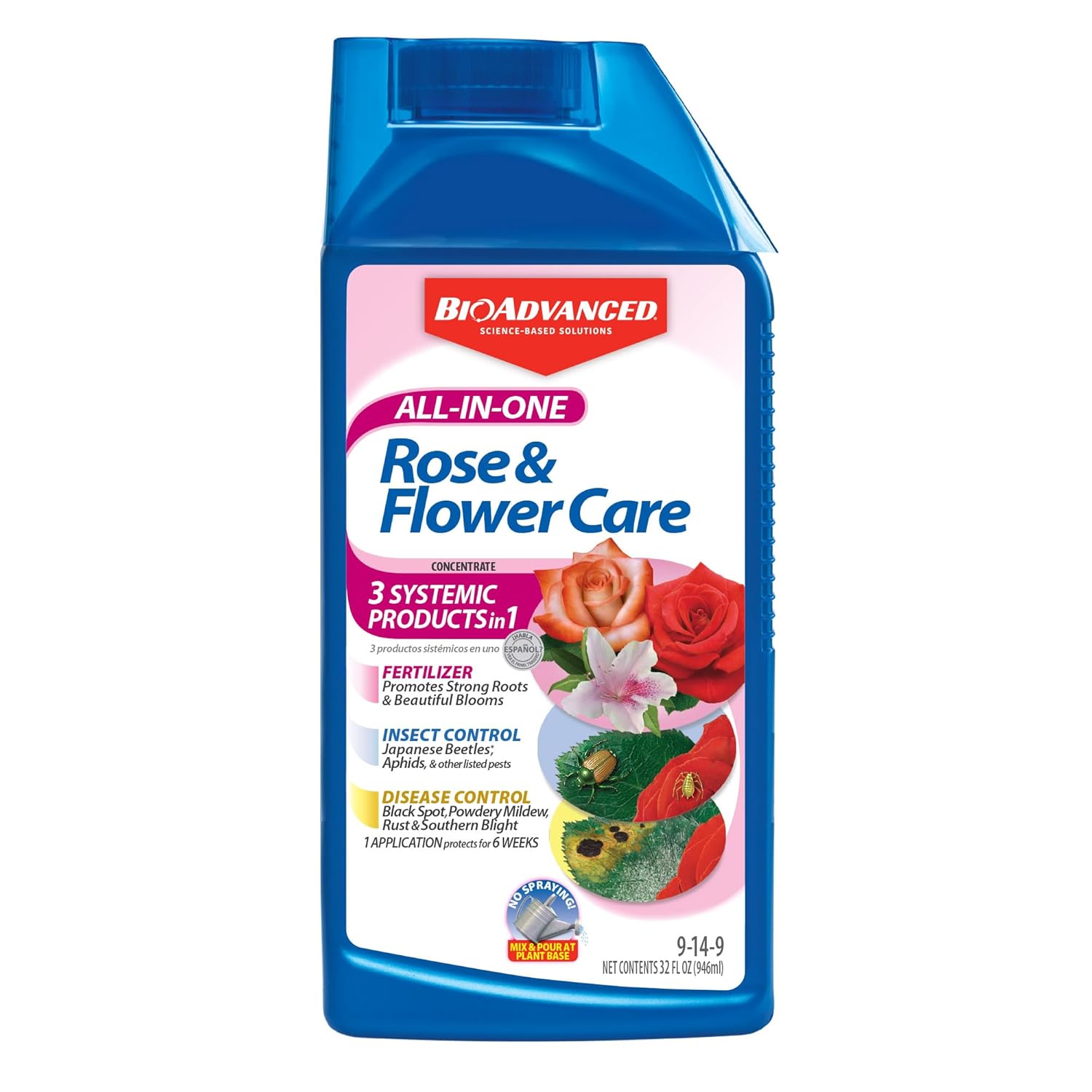 BioAdvanced All-In-One Rose and Flower Care Fertilizer, Concentrate, 32 oz, Rose Fertilizer and Disease Control