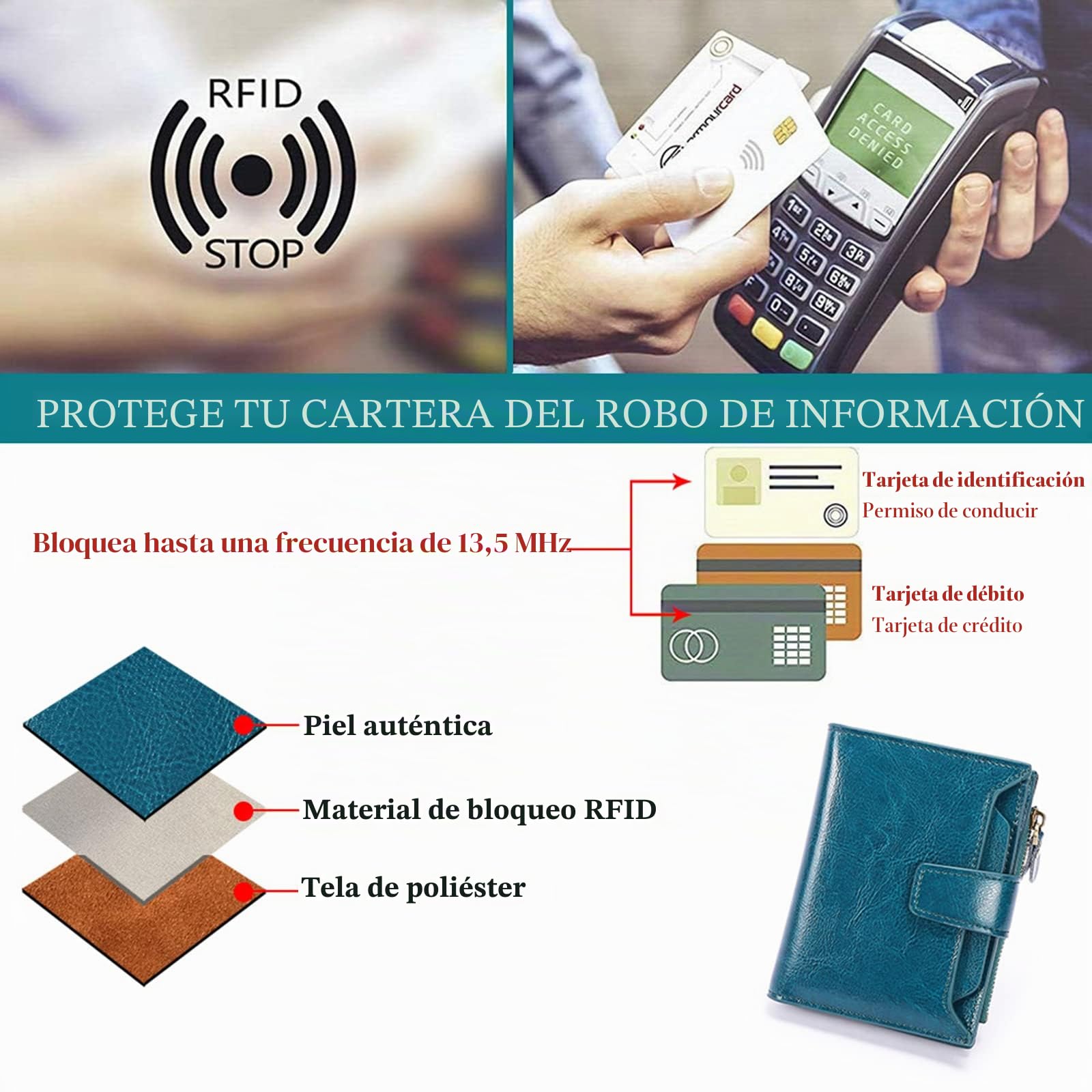 SENDEFN - Cartera de piel con bloqueo RFID para mujer, tamaño pequeño, compacto, se pliega en dos, con cremallera y ventana para identificación, Talla única