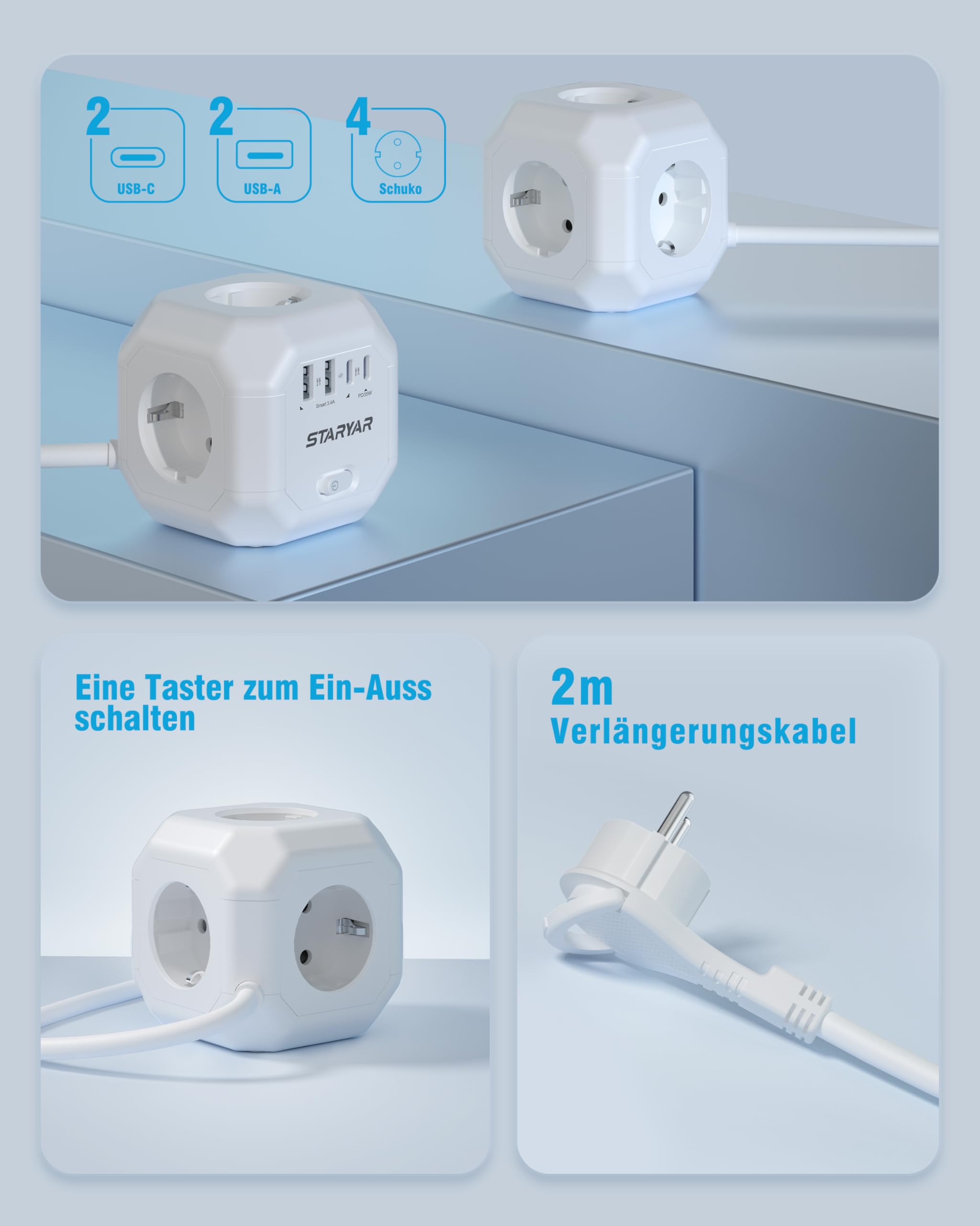 Listwa zasilająca Cube z 4 gniazdami wtykowymi, z gniazdem USB, 4000 W, adapter do gniazd, 2 m, przedłużacz, listwa zasilająca, ochrona przed przepięciem, do biura
