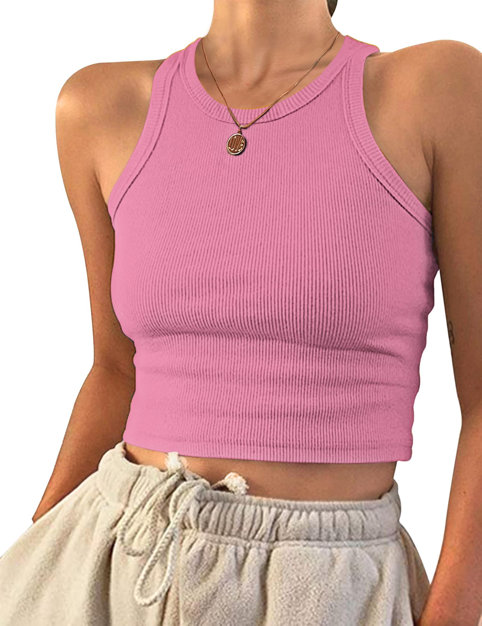 PLOKNRD Damen Crop Tops Rundhals Tank Top Sommer Ärmellos Bauchfrei Oberteil