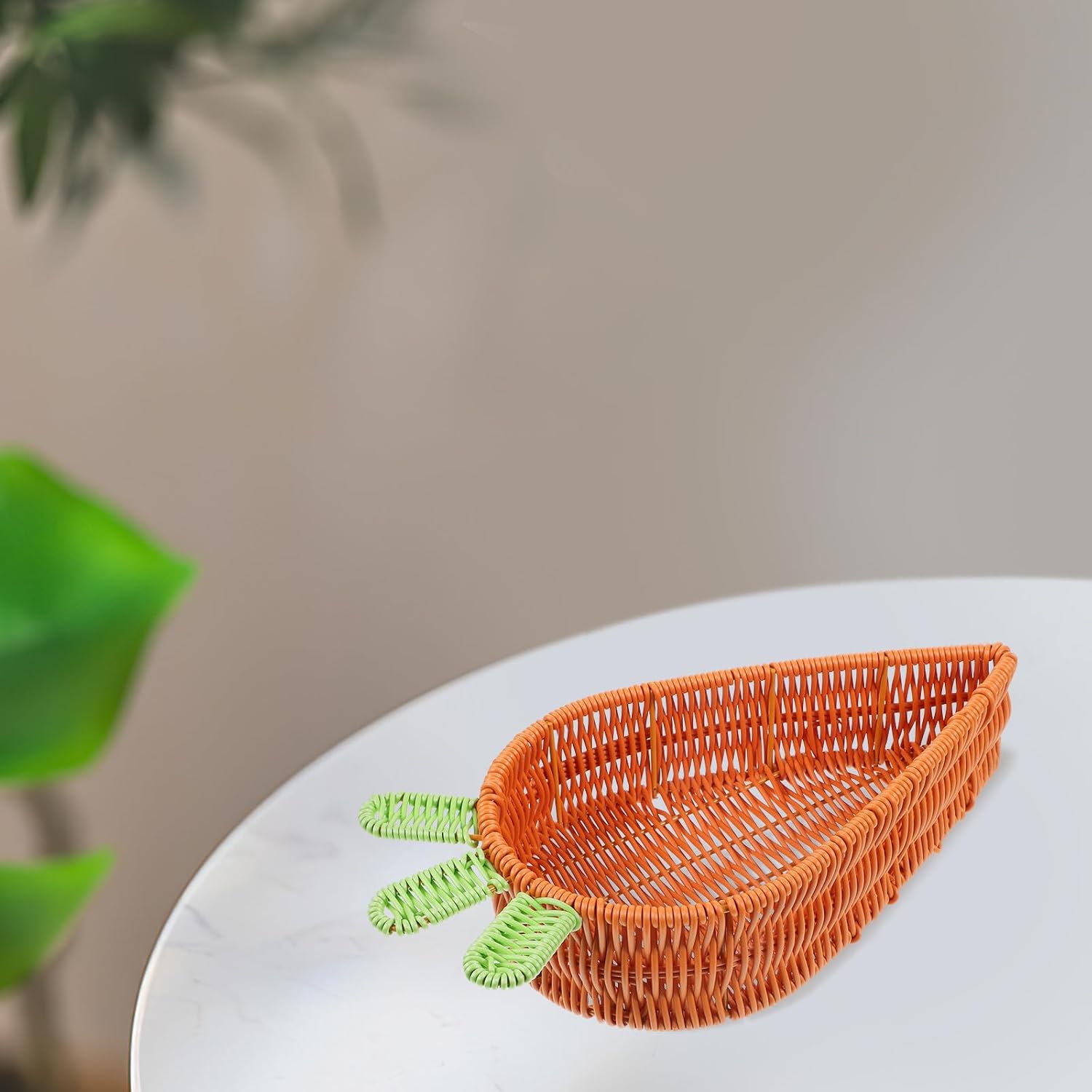 VILLCASE Easter Carrot Shaped Woven Basket (11.6"), Washable PP Rattan Fruit Bowl & Candy Storage Tray, Festive Centerpiece Decorative Platter for Spring Party, Egg Hunt & Home Kitchen Decor