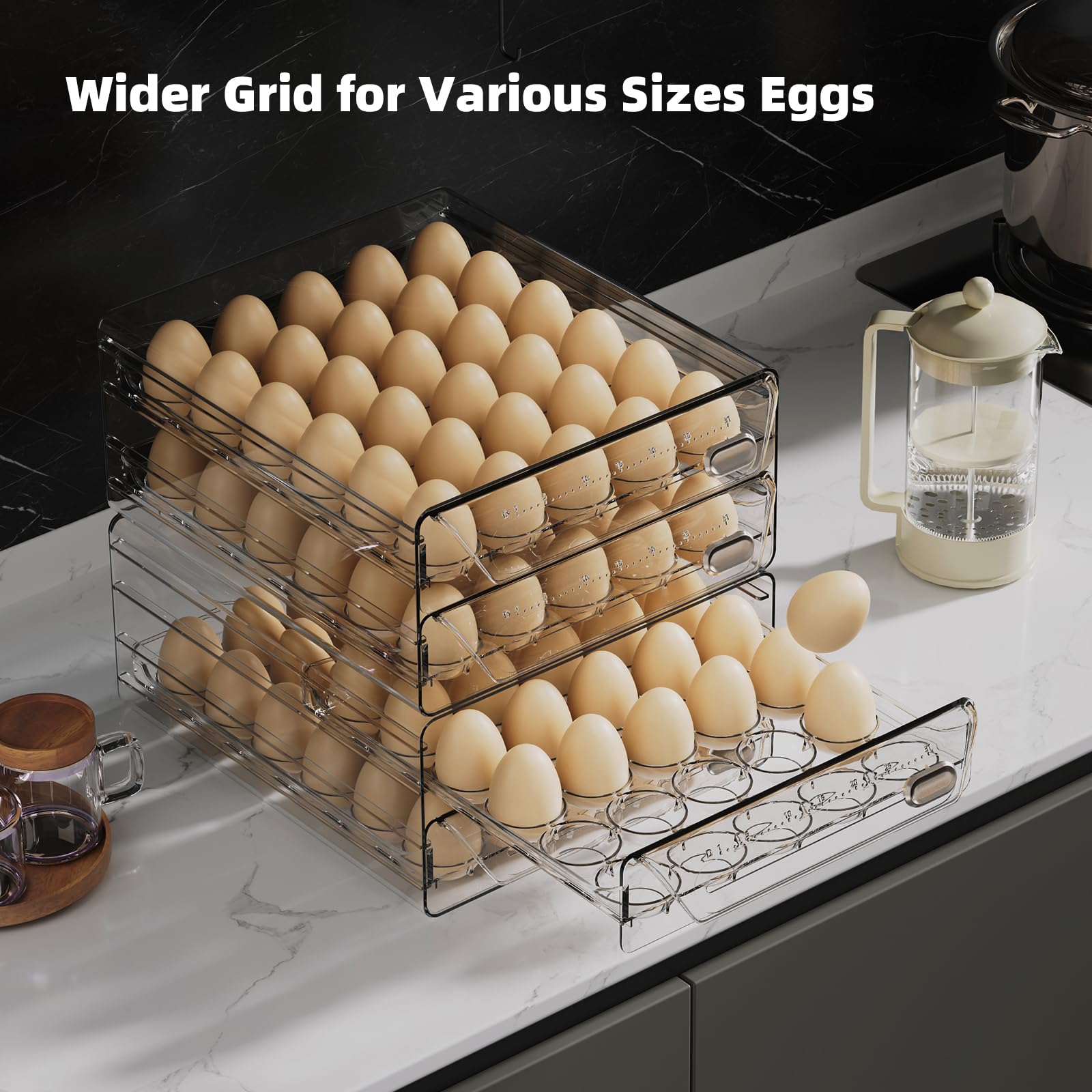 Soporte transparente para 60 huevos para refrigerador, contenedor de alta capacidad con escala de tiempo, dispensador organizador apilable para refrigerador con cajones (2 capas, 11.6 x 10.2 5