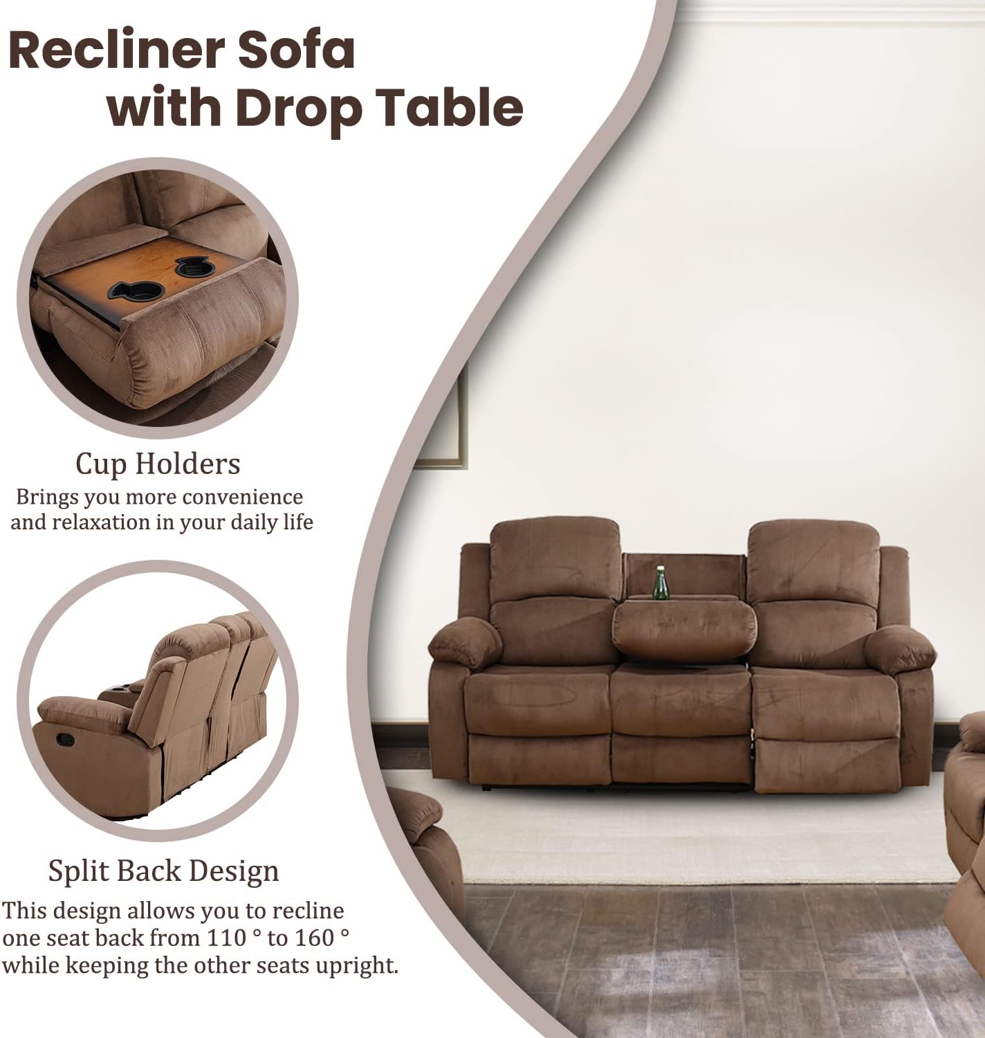 Recliner Sofa Set for Living Room, 2 Piece Living Room Furniture Set, 3 Seat Reclining Sofa and Loveseat with Cup Holder and Storage Console (Brown)