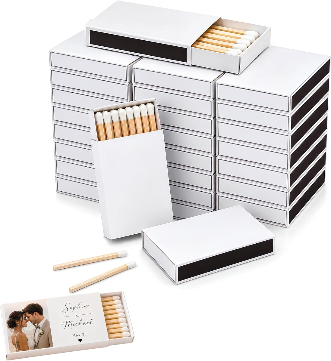50 cajas de cerillas de madera blancas en blanco | Strike on Box Cajas de cerillas Palillos de madera tradicionales | Favores de eventos de bodas para personalizar