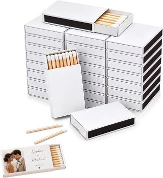 100 Boxes of Blank White Wooden Matches | Strike on Box Matchboxes Traditional Wooden Matchsticks | Wedding Party Event Favors to Customize