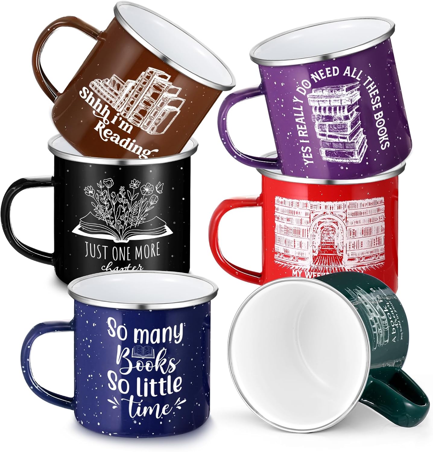 Hushee 6 Pack Christmas Book Lovers Gift Enamel Mugs 12oz Book Coffee Mugs for Librarians Coffee Drinking Cups Gift for Teacher Women Men Writers Reader Library Reading Gift, 6 Style(Multicolor)