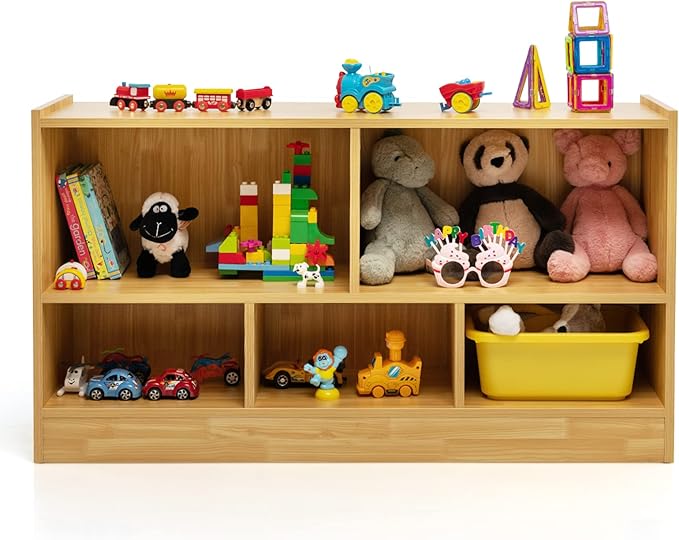 KOTEK Kids Bookshelf, 5 Cubby Toy Storage Organizer, Wooden 3Tier