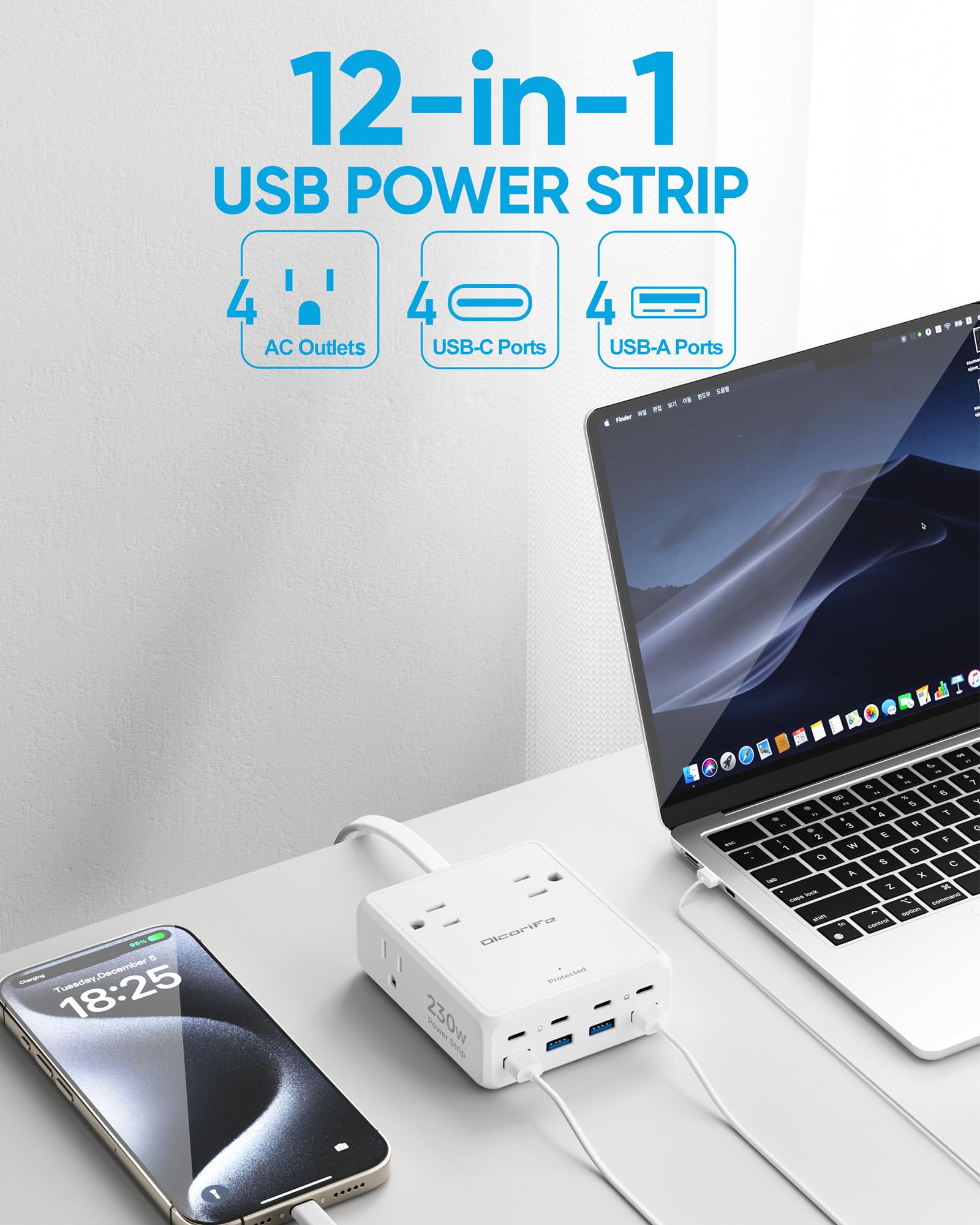 Olcorife - Multiprise USB 230 W, câble d'extension plat de 1,5 m avec 4 prises AC, 8 ports USB (4 USB C et 4 USB A) Protection contre les surtensions 2000 bandes de juillet