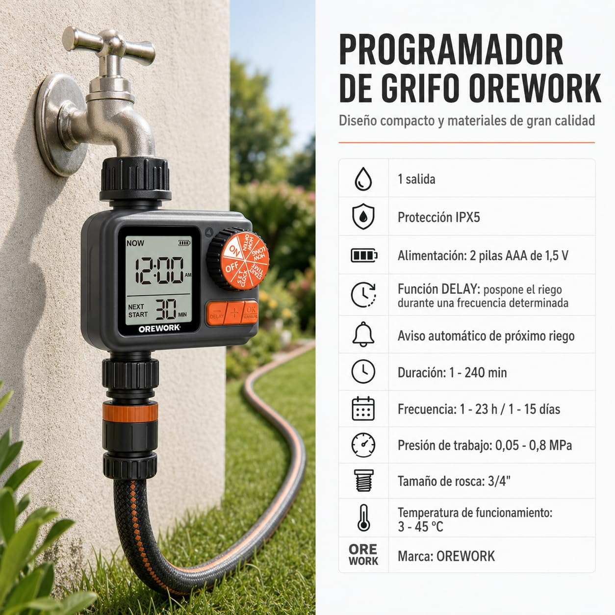 Programador de riego automático OREWORK para grifo 3/4”, temporizador compacto IPX5 con función DELAY