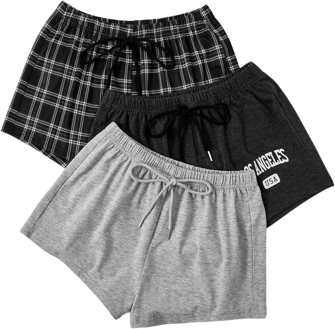 WDIRARA Women's 3 Pack Plaid Letter Graphic Pajama Shorts Elastic Waist Pj Lounge Shorts