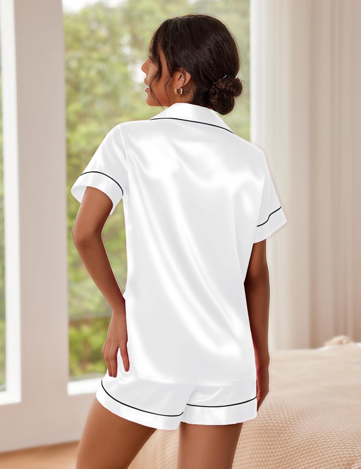 Ekouaer Pajamas for Women Set Silk Satin Pjs Button Down Sleepwear Summer Loungewear Top and Shorts Lounge Set S-XXL - Image 3