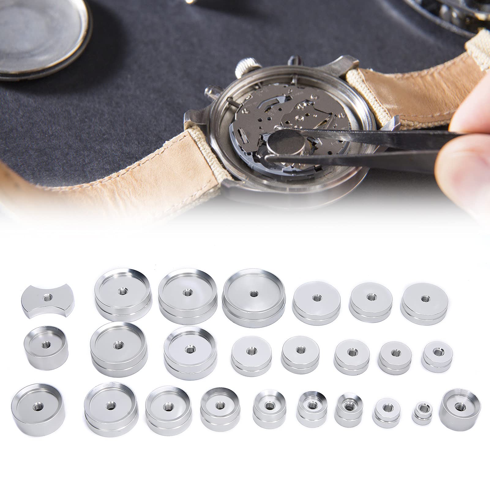 25PCS Tappatrice per orologi Pressa per stampi in lega di alluminio Set di chiusure per fondello dell'orologio per orologiaio Orologio da polso Chiusura della copertura