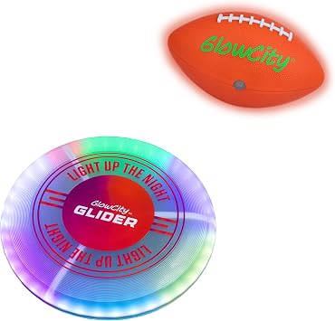 GlowCity Glow in The Dark Football + Glider LED Flying Disc, Light Up, Durable, Water-Resistant, Multi-Color, Perfect for Evenings and Night Time, Great Gift for All Ages Boys and Girls